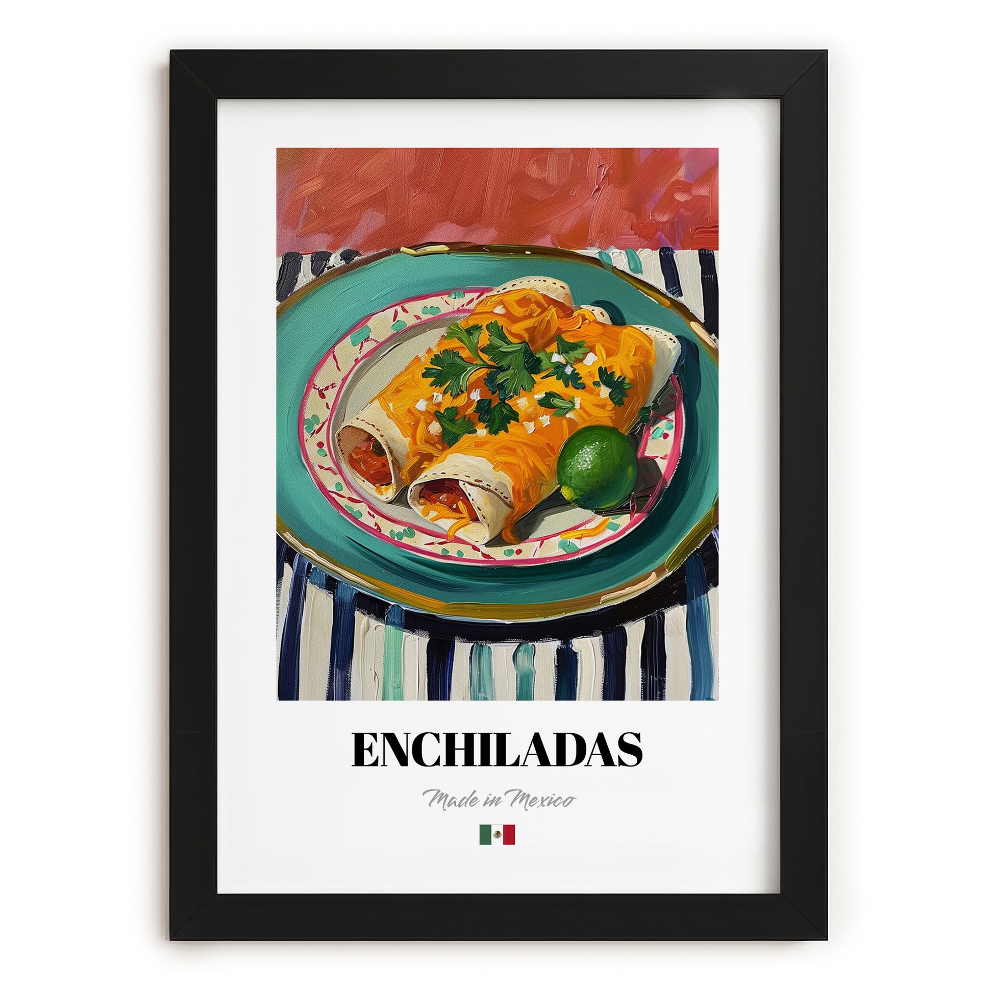 Enchiladas – on Striped Tablecloth, Mexican Food Illustration, in sleek black frame