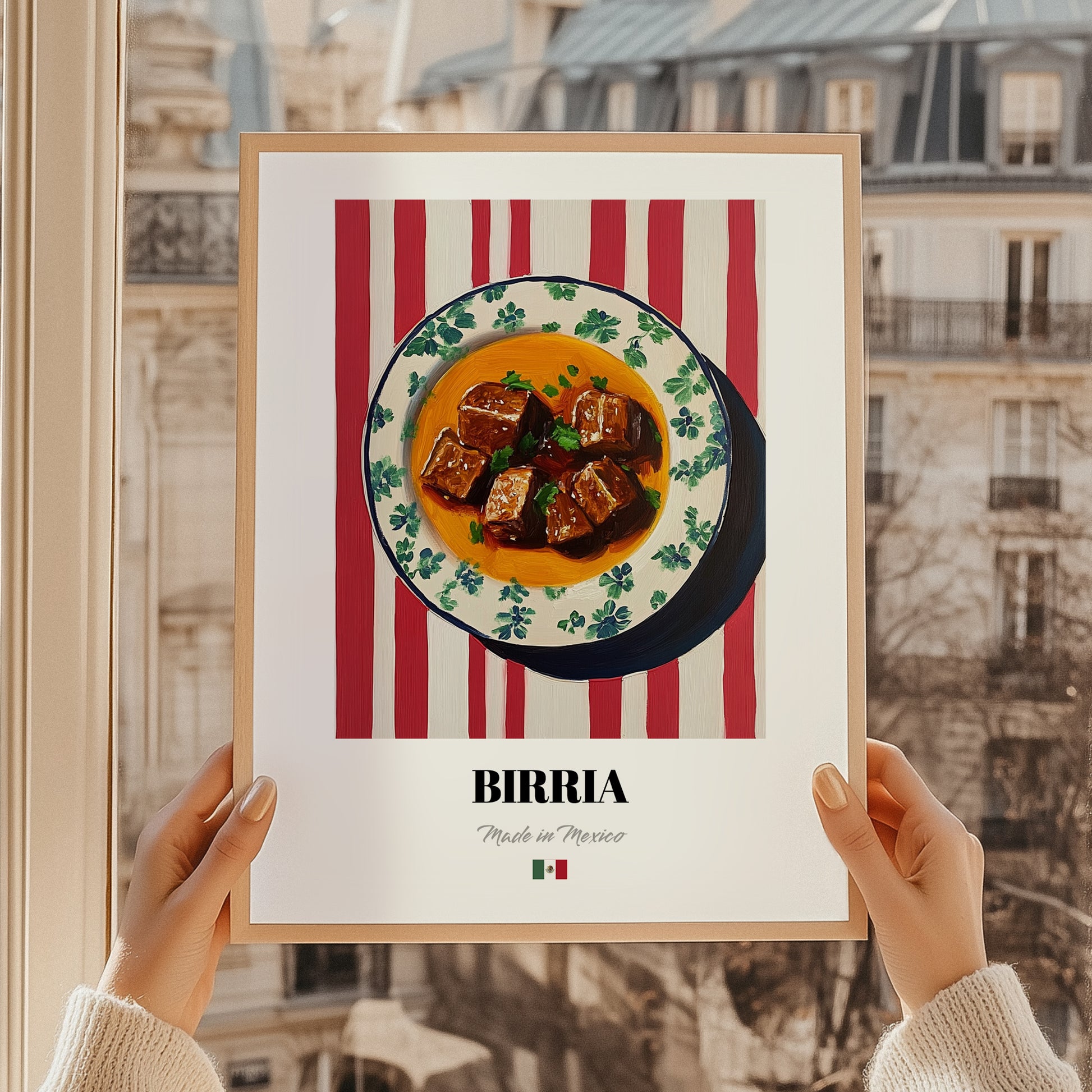 Birria – on Striped Tablecloth, Mexican Food Wall Decor, styled in a charming Paris street view