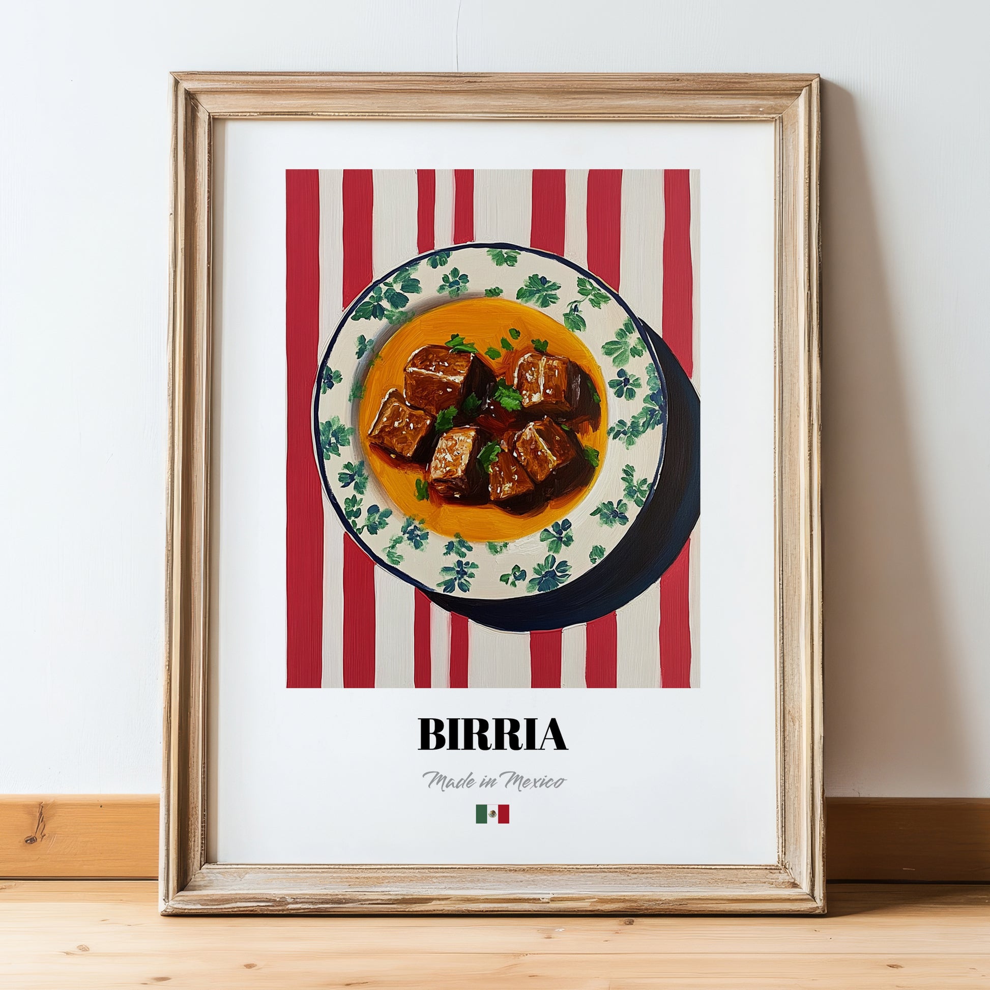 Birria – on Striped Tablecloth, Mexican Food Wall Decor, in wooden frame leaning on the floor