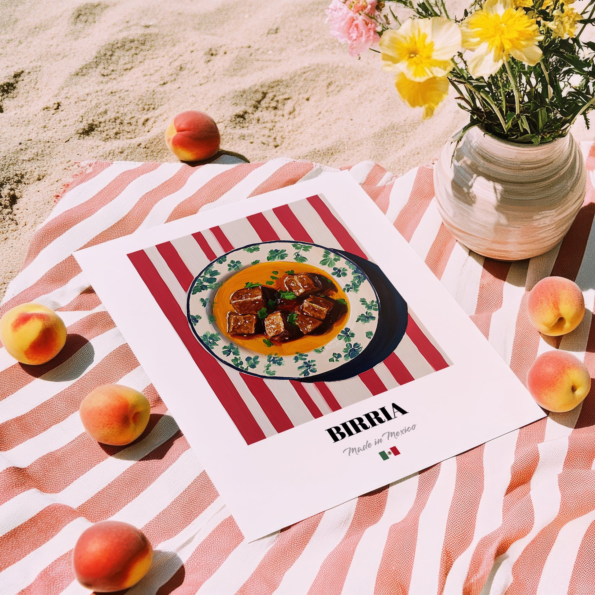 Birria – on Striped Tablecloth, Mexican Food Wall Decor, unframed on coastal sand