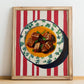 Birria – on Striped Tablecloth, Mexican Food Wall Decor, no-text version framed in wood
