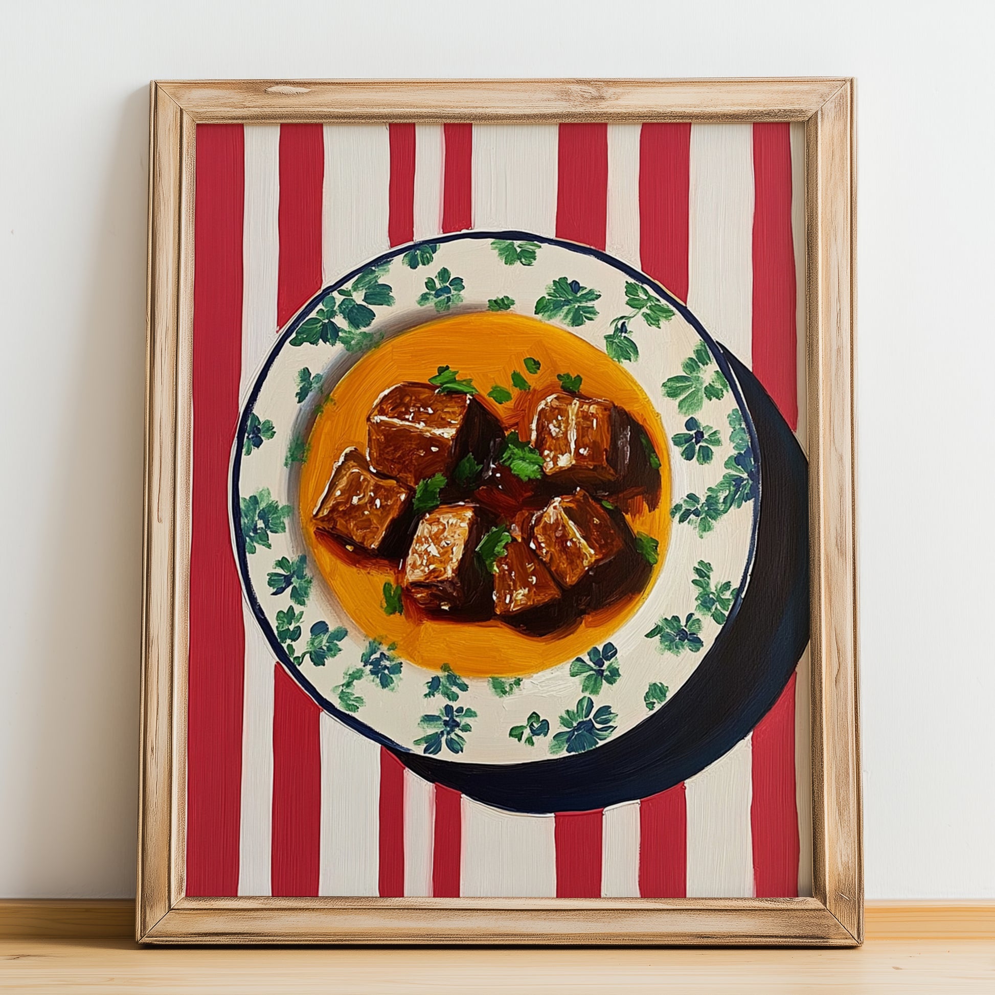 Birria – on Striped Tablecloth, Mexican Food Wall Decor, no-text version framed in wood