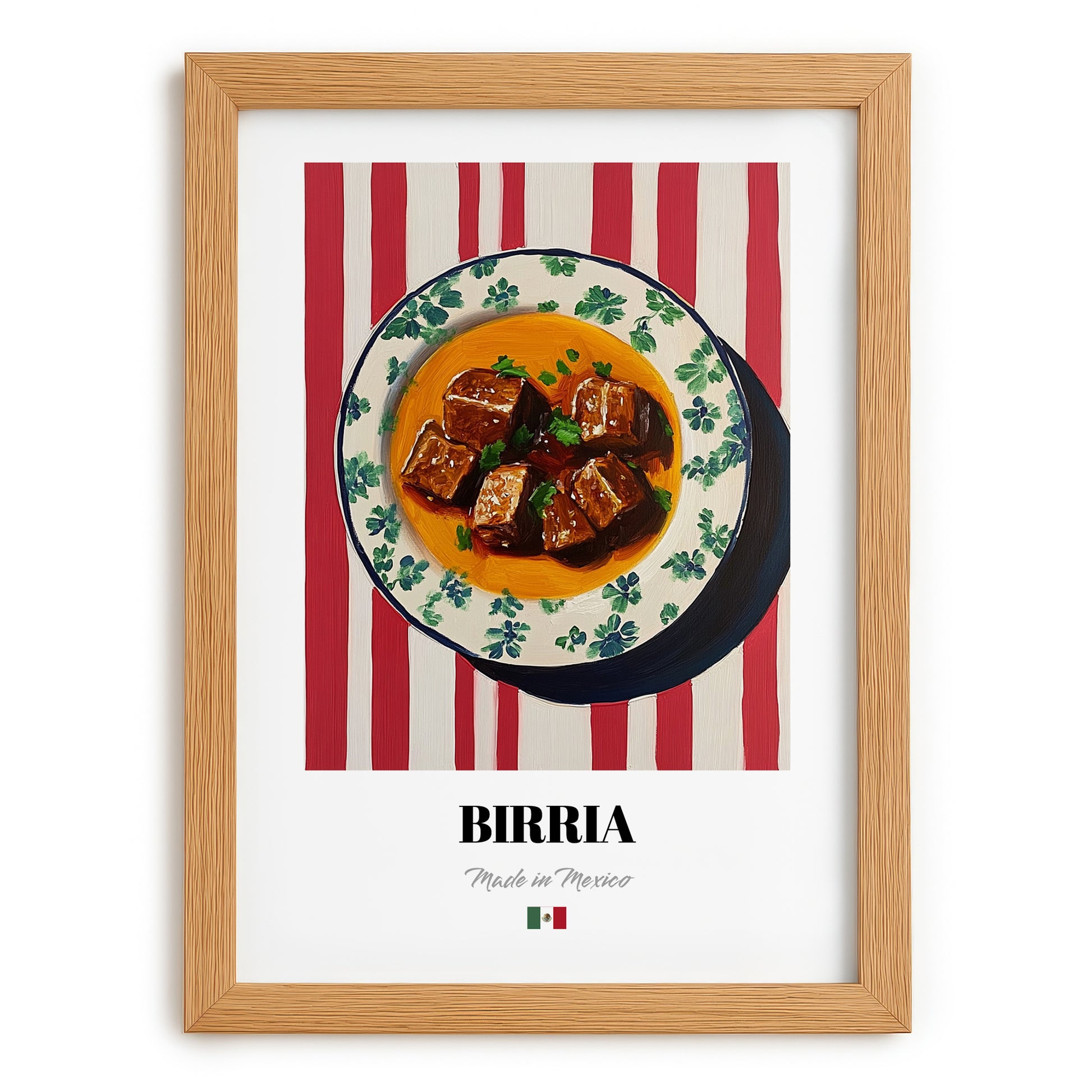 Birria – on Striped Tablecloth, Mexican Food Wall Decor, set in oak frame