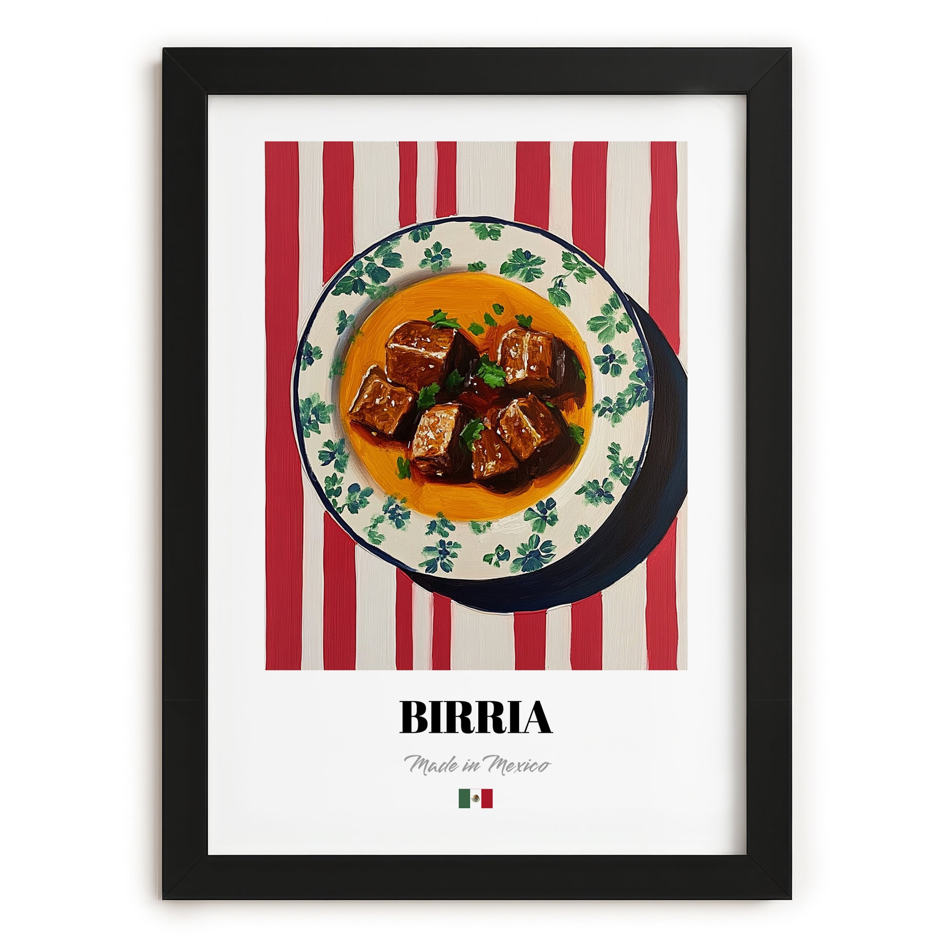 Birria – on Striped Tablecloth, Mexican Food Wall Decor, in sleek black frame