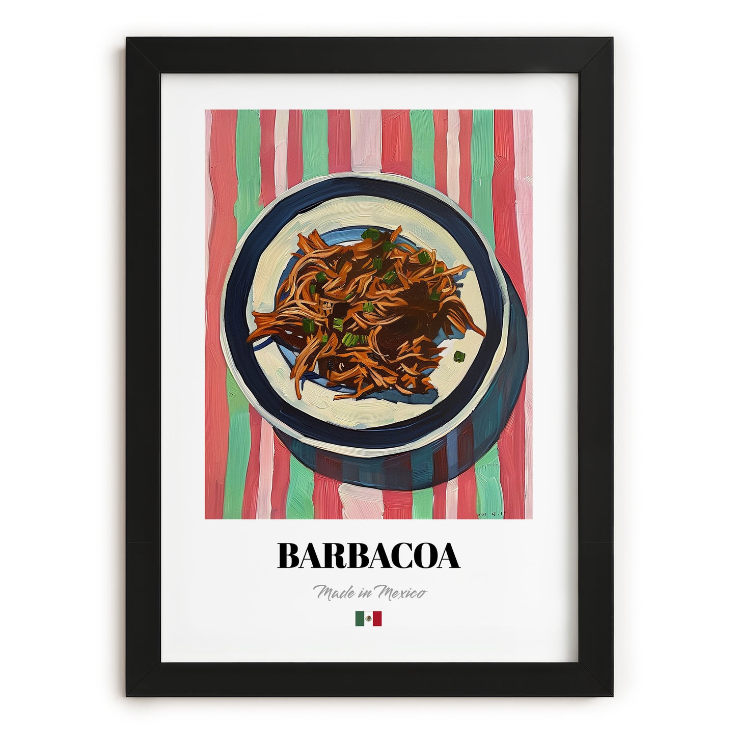 Barbacoa – on Striped Tablecloth, Mexican Bbq Poster, in sleek black frame