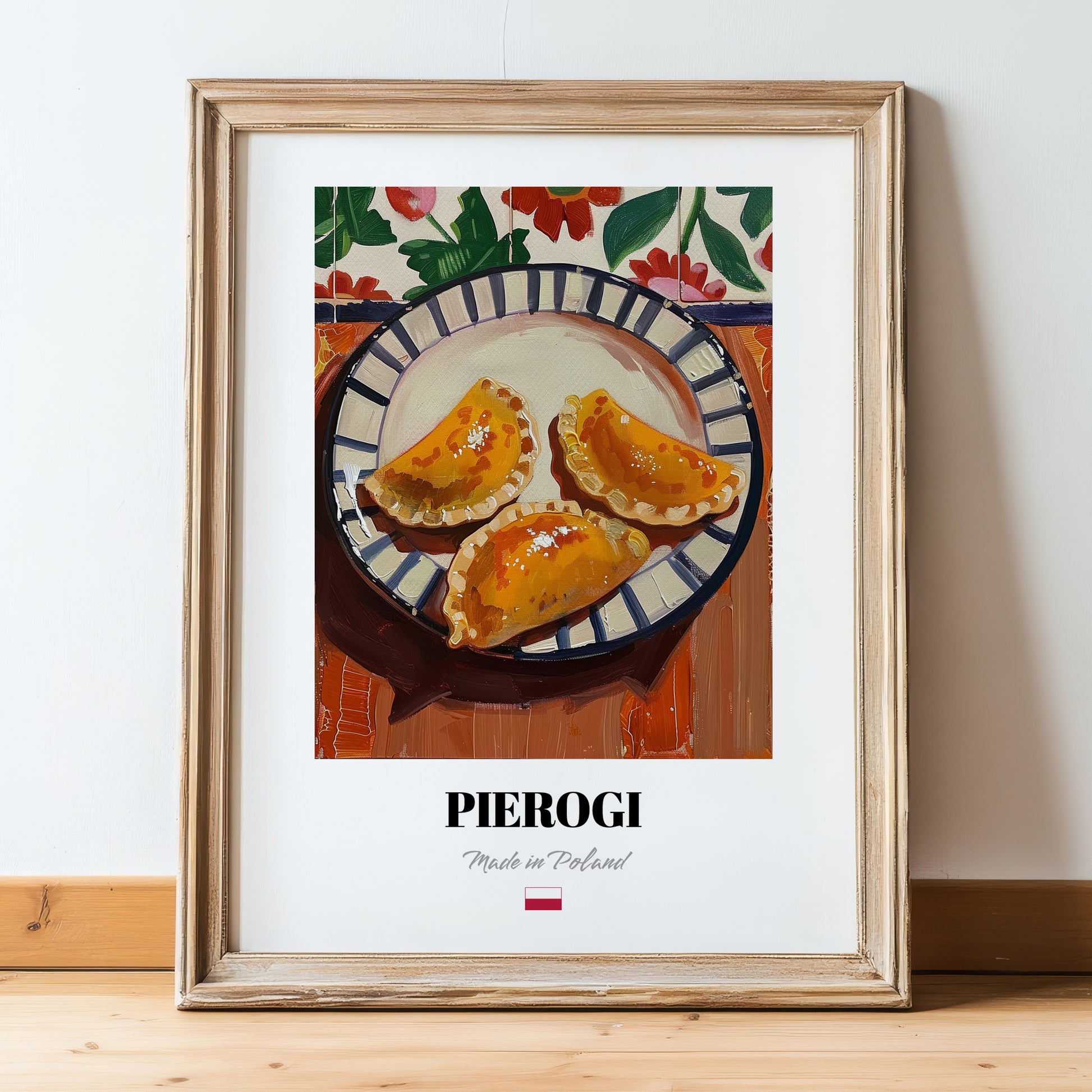 Pierogi – Art, Polish Pastry Poster, in wooden frame leaning on the floor