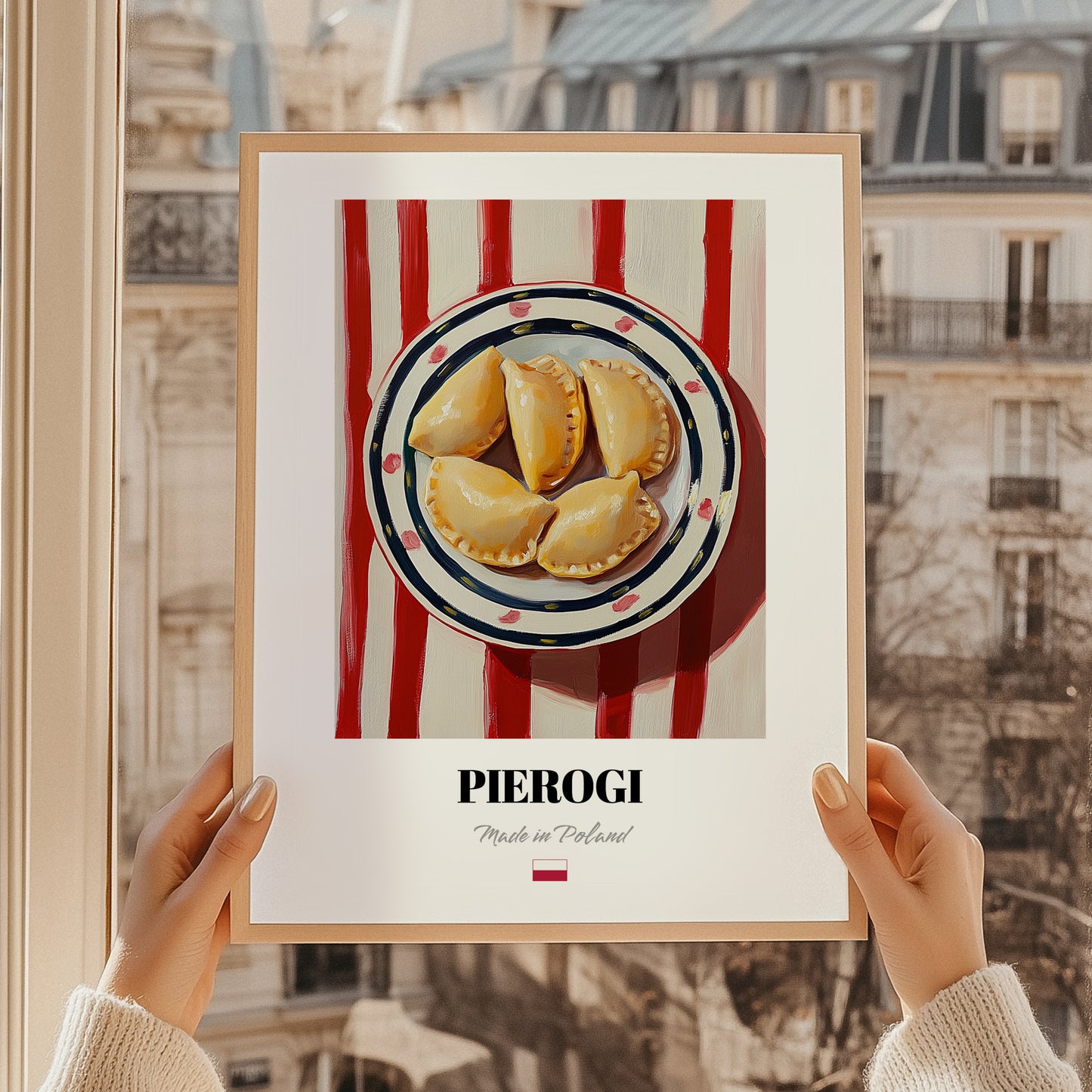 Pierogi – on Striped Tablecloth, Polish Pastry Painting, styled in a charming Paris street view
