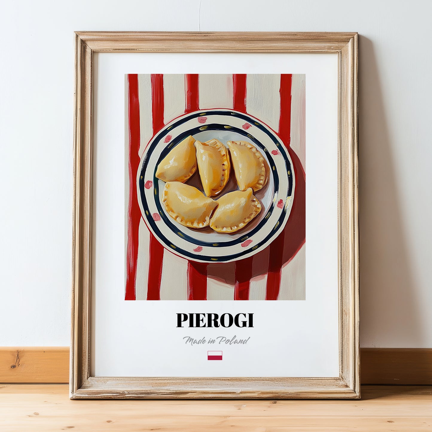 Pierogi – on Striped Tablecloth, Polish Pastry Painting, in wooden frame leaning on the floor