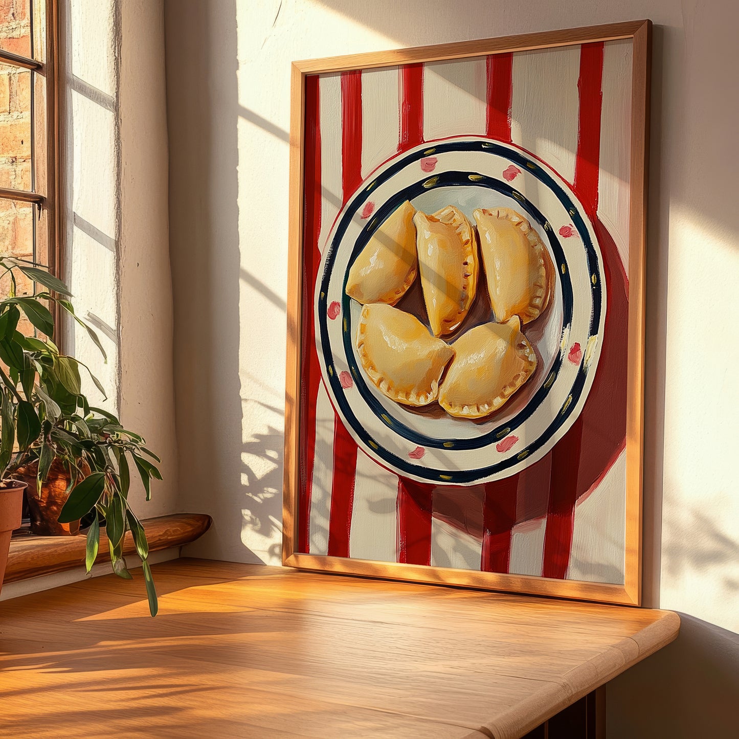 Pierogi – on Striped Tablecloth, Polish Pastry Painting, clean layout with no caption