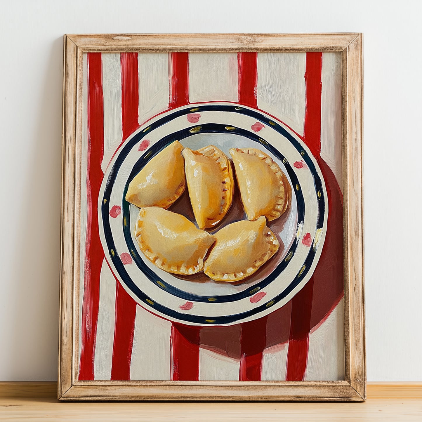 Pierogi – on Striped Tablecloth, Polish Pastry Painting, no-text version framed in wood