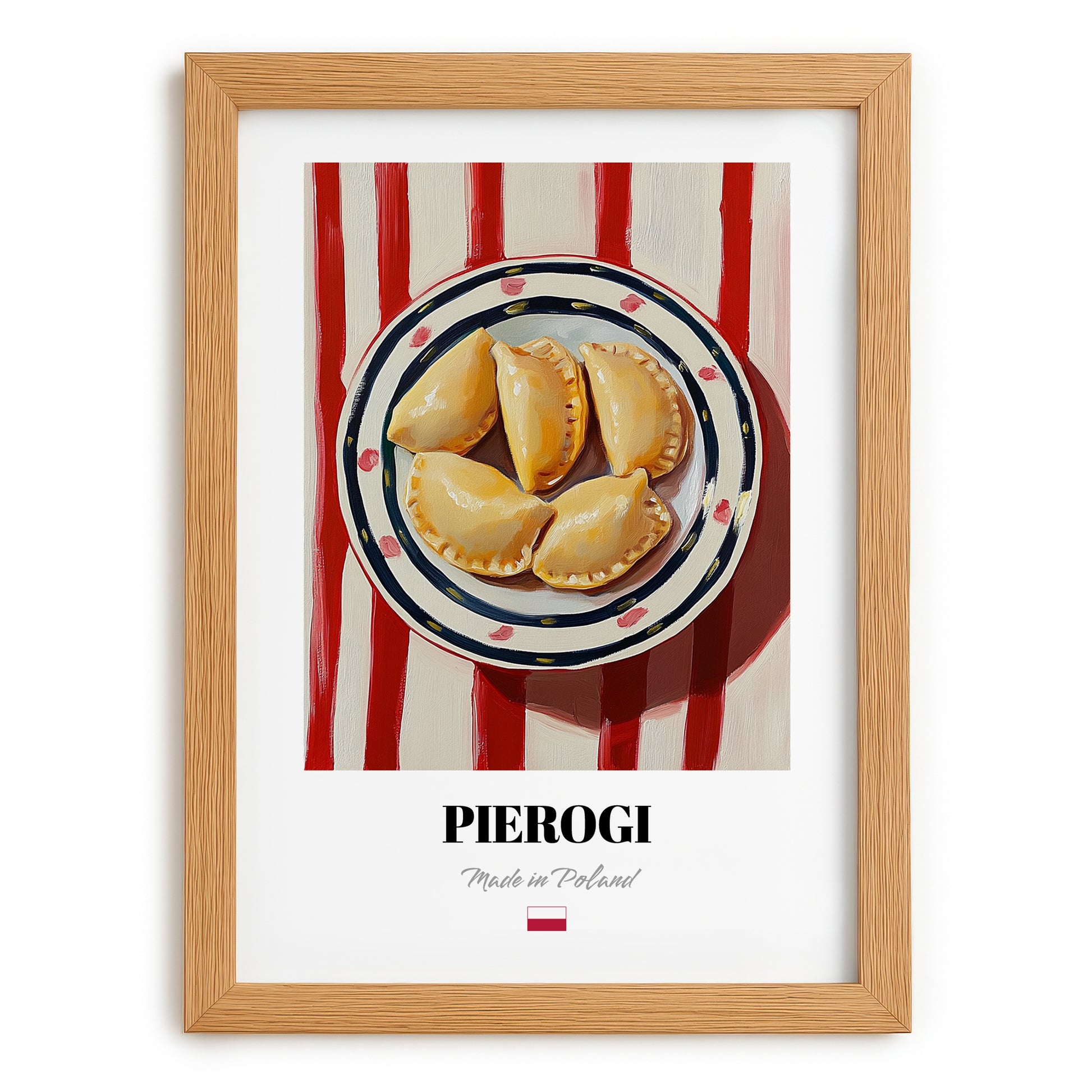 Pierogi – on Striped Tablecloth, Polish Pastry Painting, set in oak frame