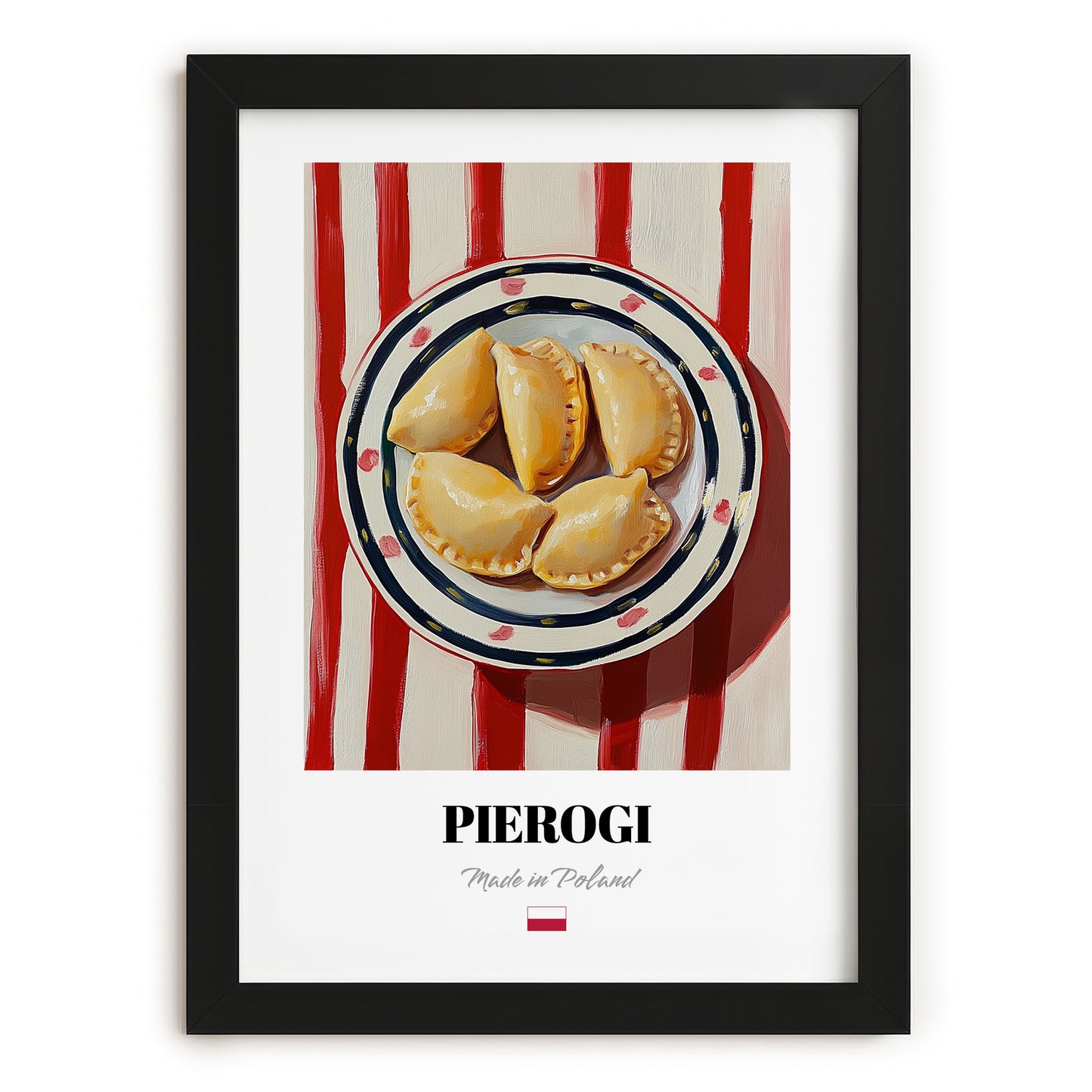 Pierogi – on Striped Tablecloth, Polish Pastry Painting, in sleek black frame