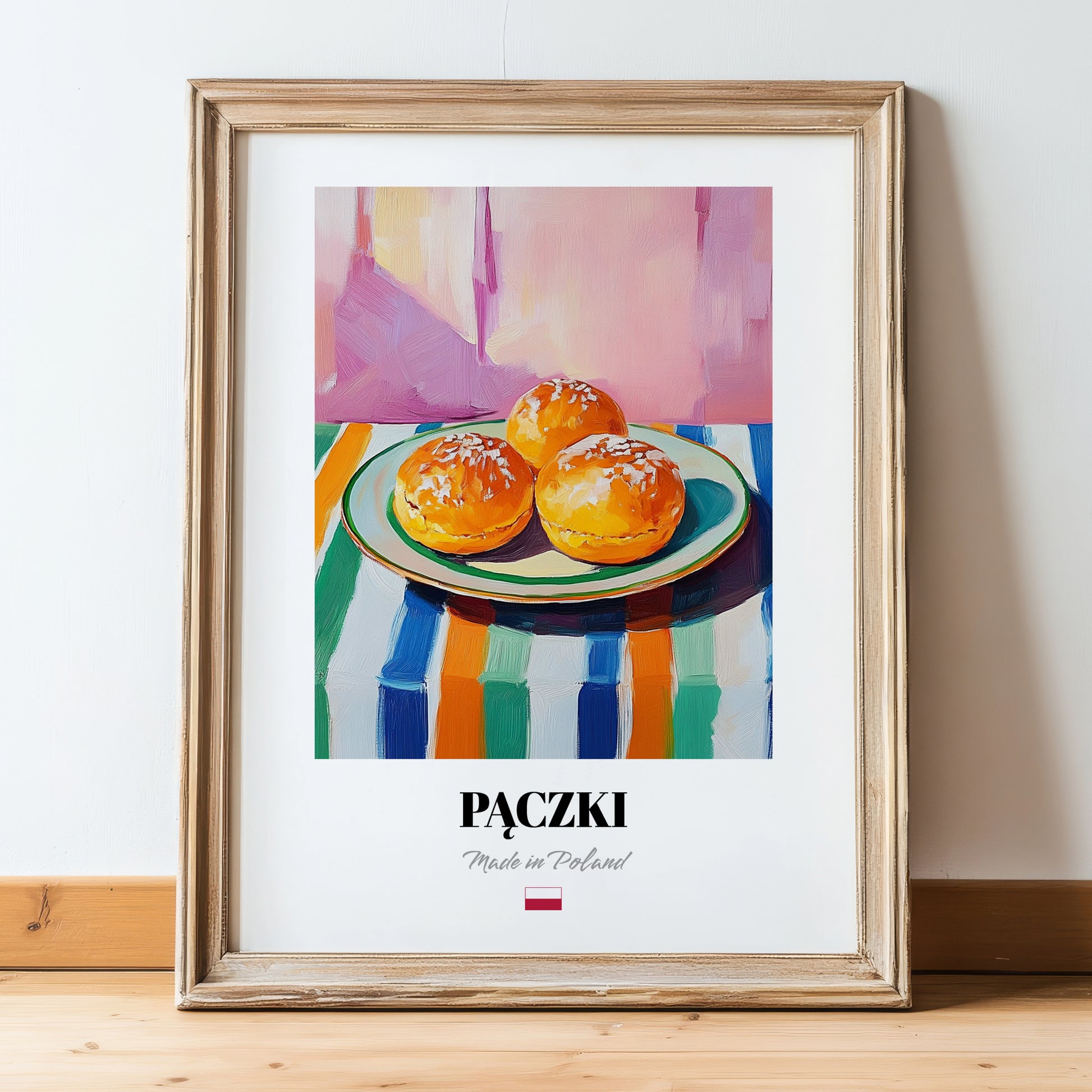 Pączki – Oil Painting, Polish Pastry Poster, in wooden frame leaning on the floor