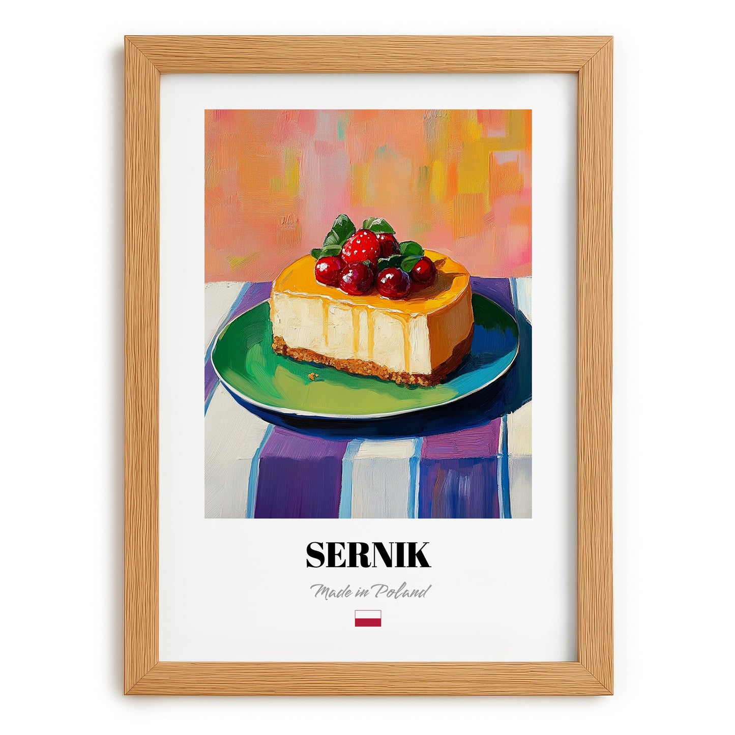 Sernik – Colorful Oil Painting, Polish Dessert Illustration, set in oak frame