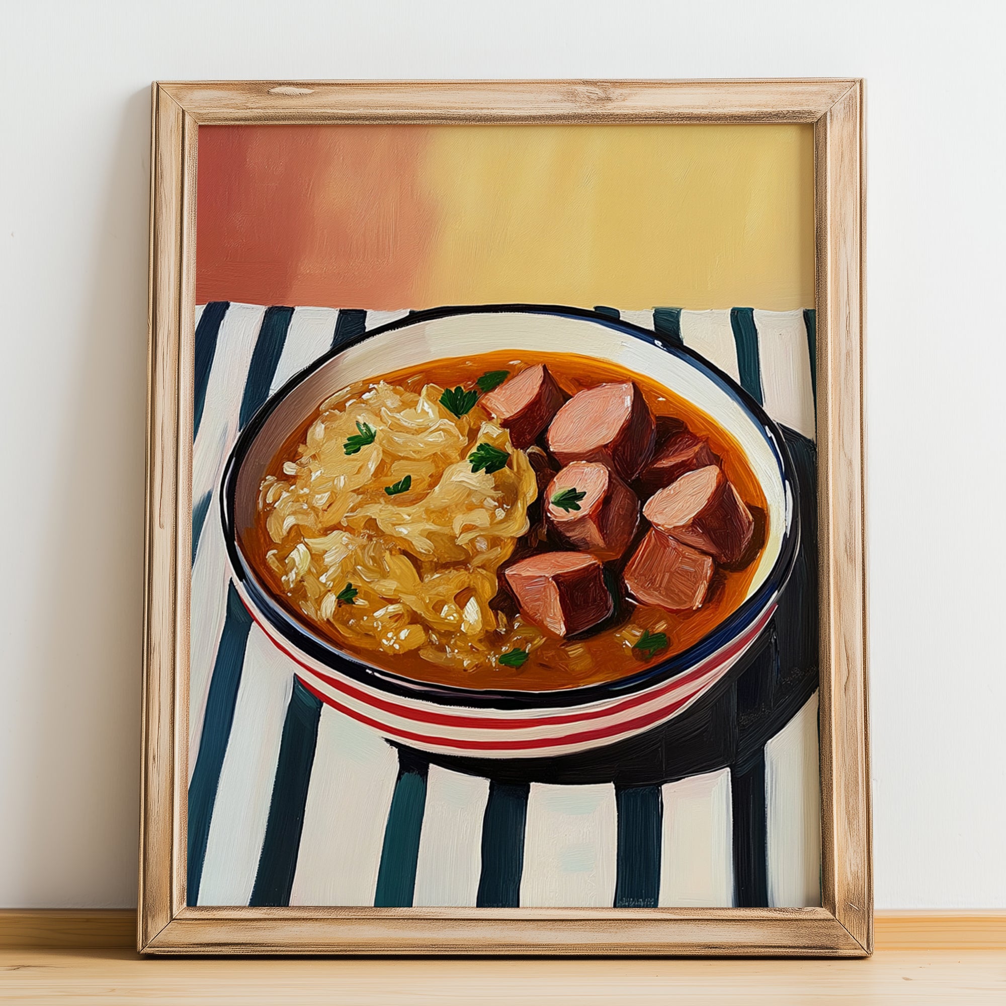 Bigos – on Striped Tablecloth, Polish Food Wall Decor, no-text version framed in wood