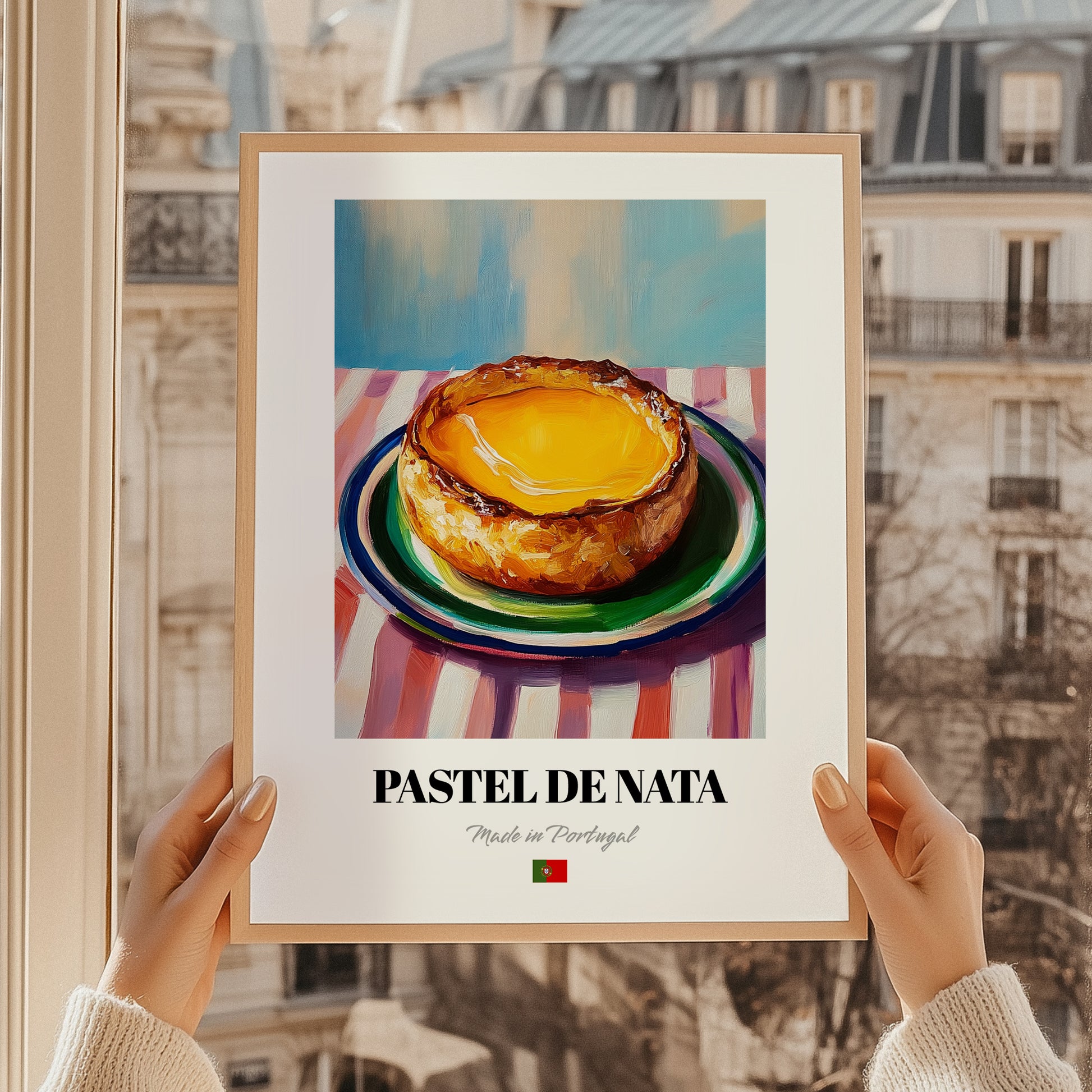 Pastel de Nata – Oil Painting, Portuguese Dessert Print, styled in a charming Paris street view