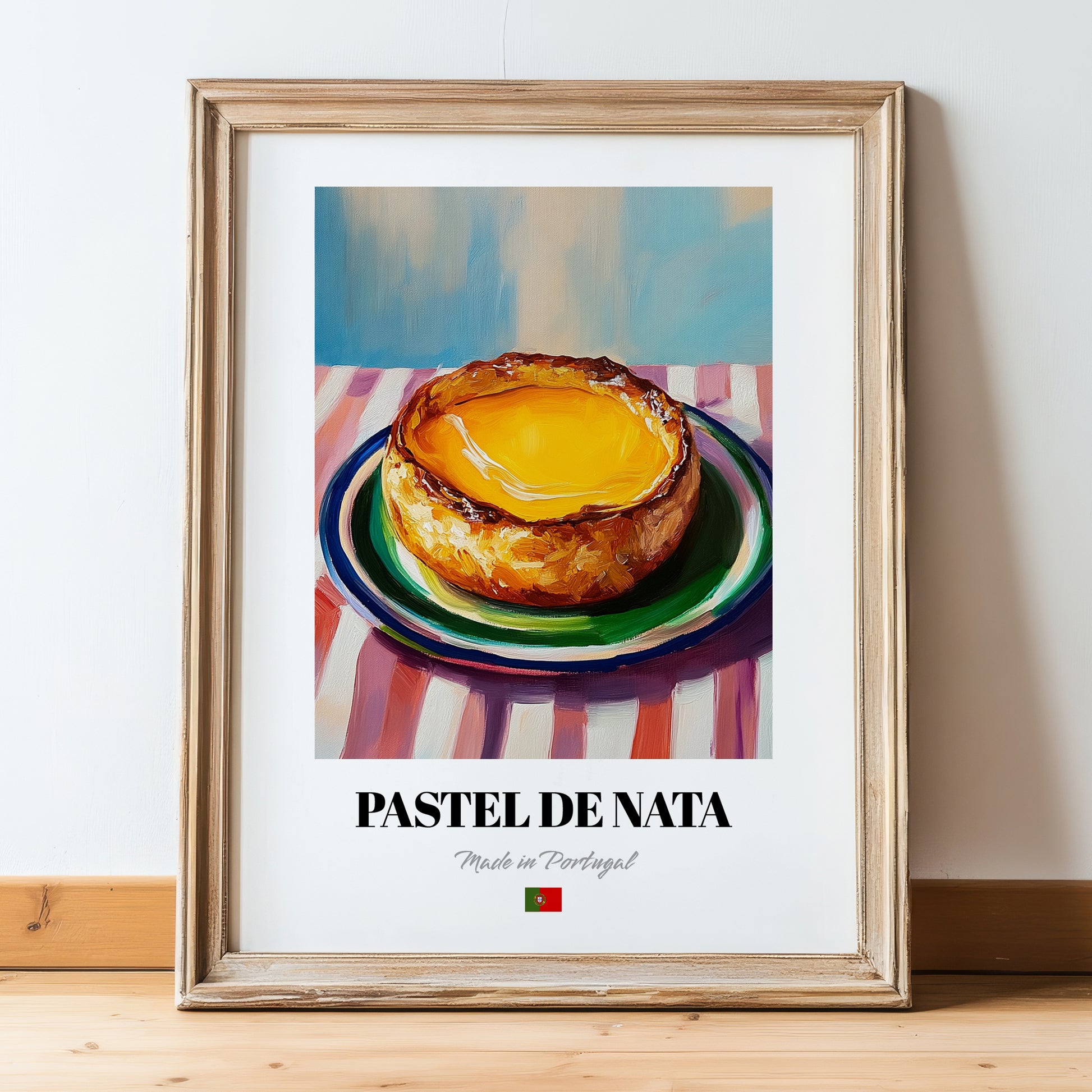 Pastel de Nata – Oil Painting, Portuguese Dessert Print, in wooden frame leaning on the floor
