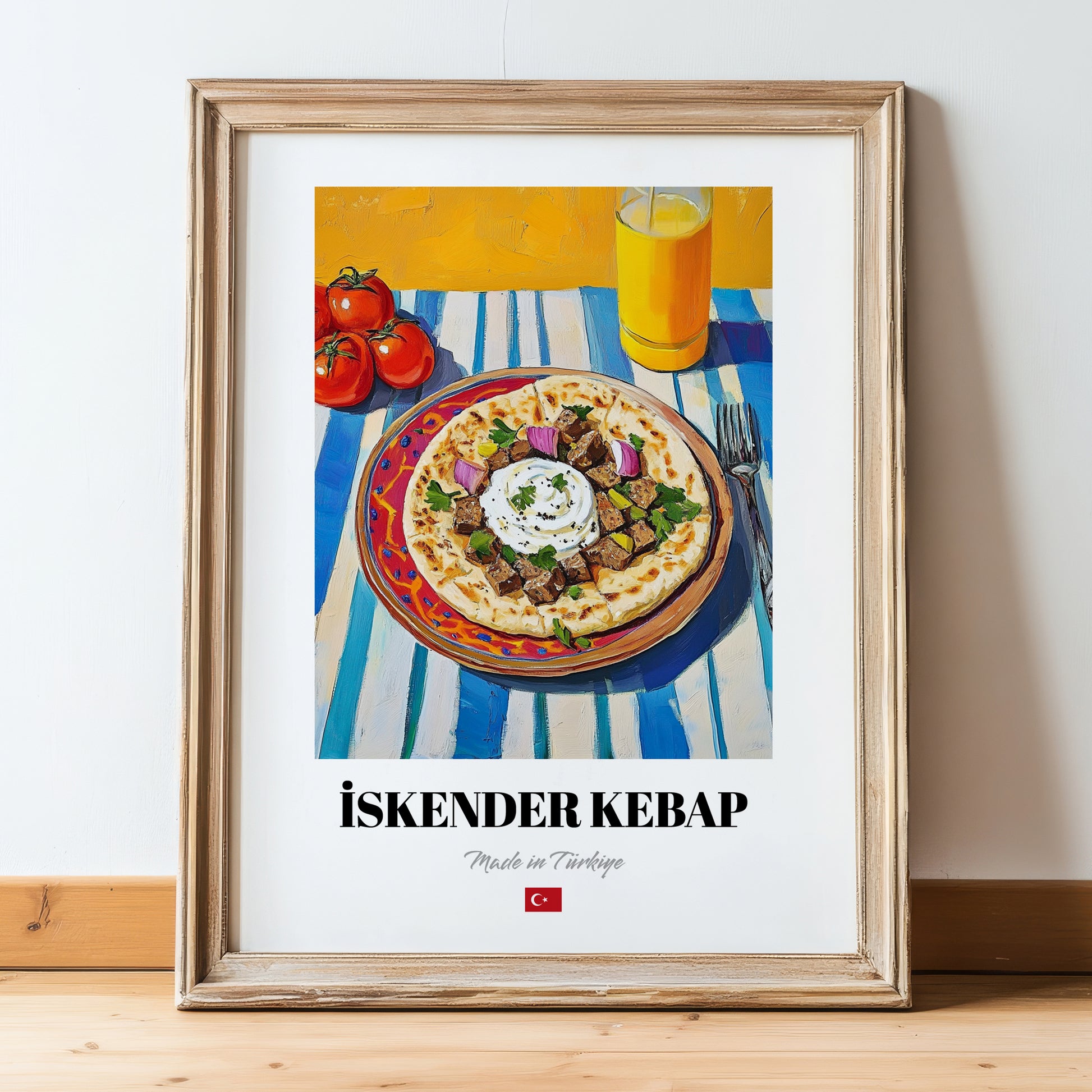 İskender Kebap – Oil Painting, Turkish Food Illustration, in wooden frame leaning on the floor