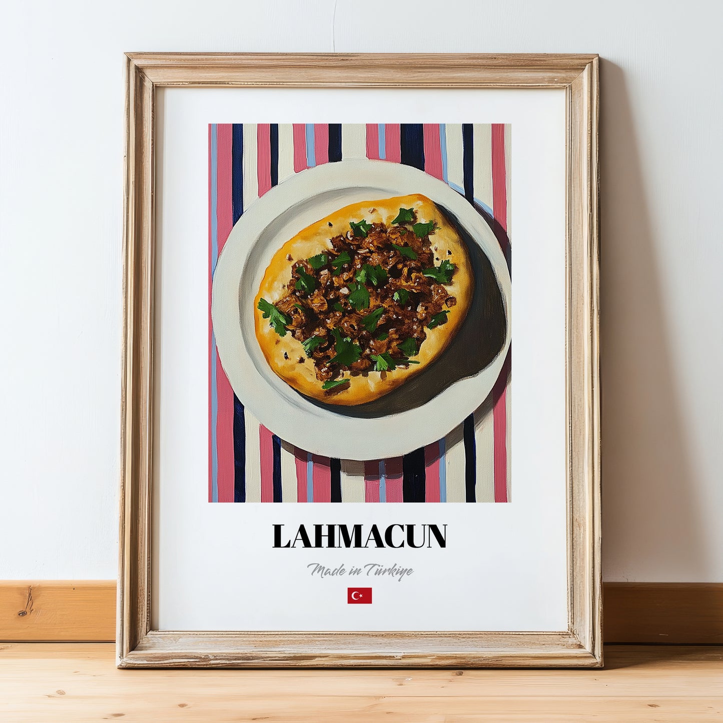 Lahmacun – on Striped Tablecloth, Turkish Food Painting, in wooden frame leaning on the floor