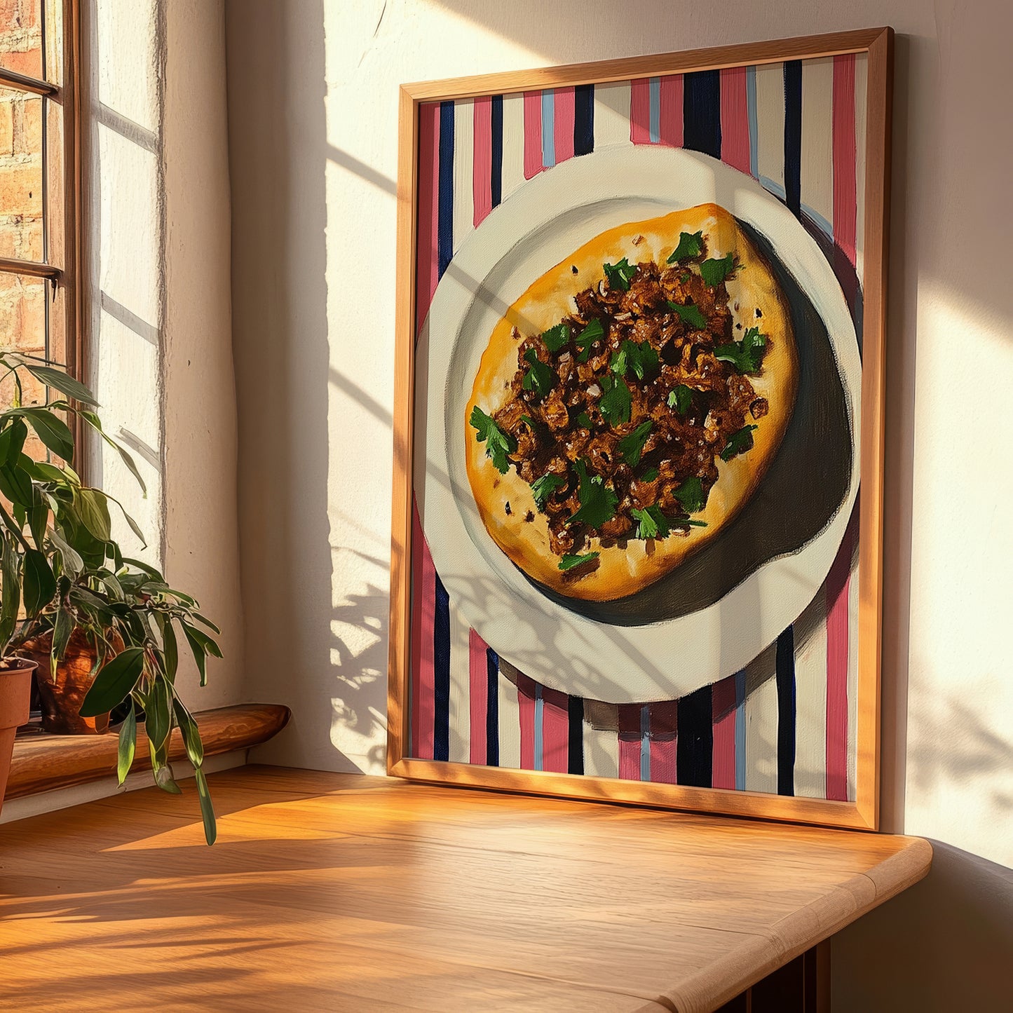 Lahmacun – on Striped Tablecloth, Turkish Food Painting, clean layout with no caption