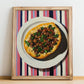Lahmacun – on Striped Tablecloth, Turkish Food Painting, no-text version framed in wood