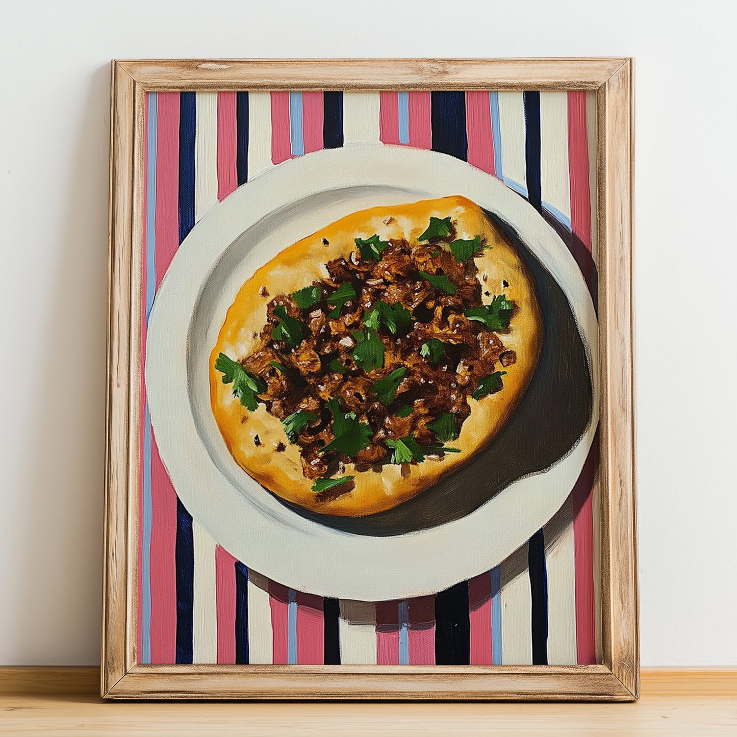 Lahmacun – on Striped Tablecloth, Turkish Food Painting, no-text version framed in wood