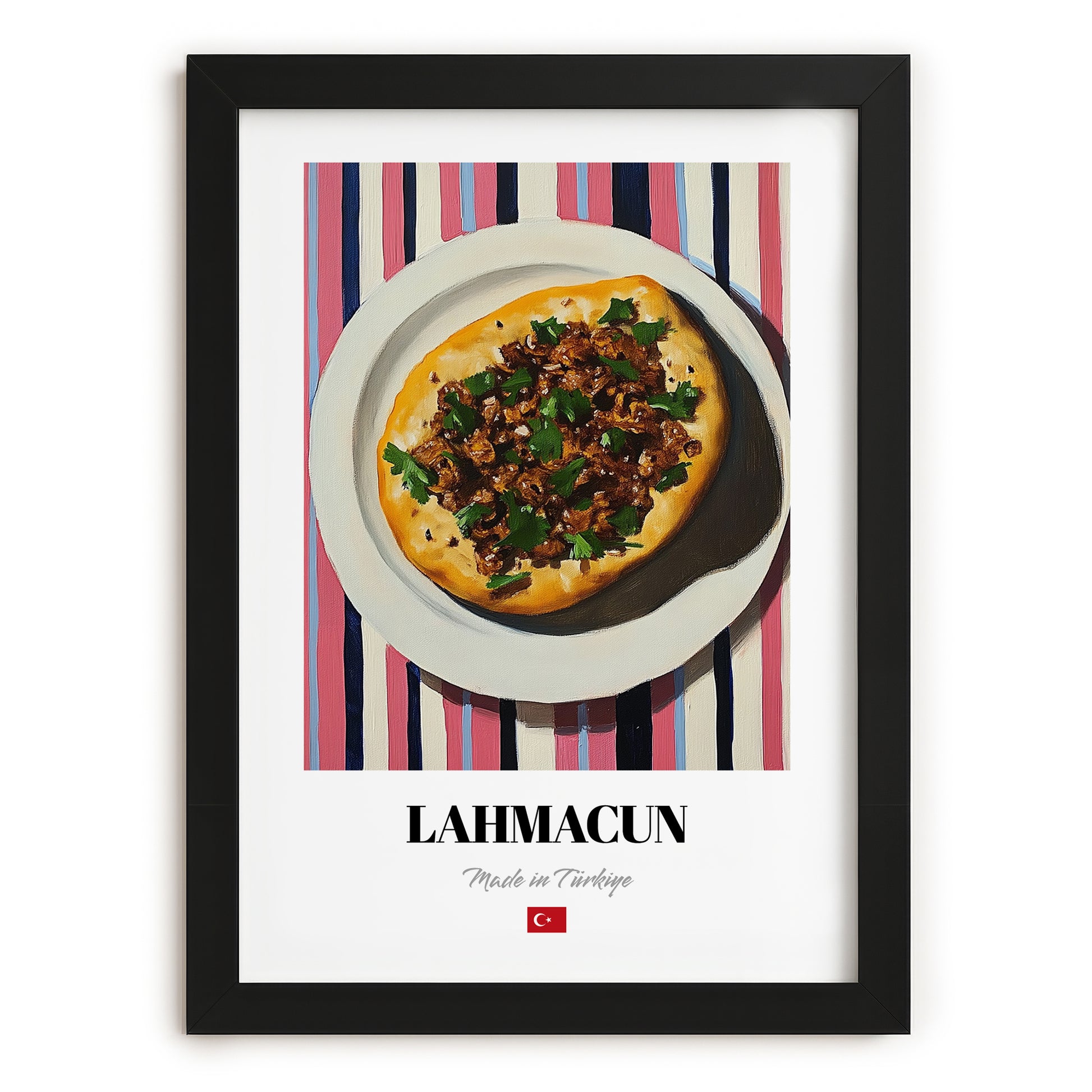 Lahmacun – on Striped Tablecloth, Turkish Food Painting, in sleek black frame