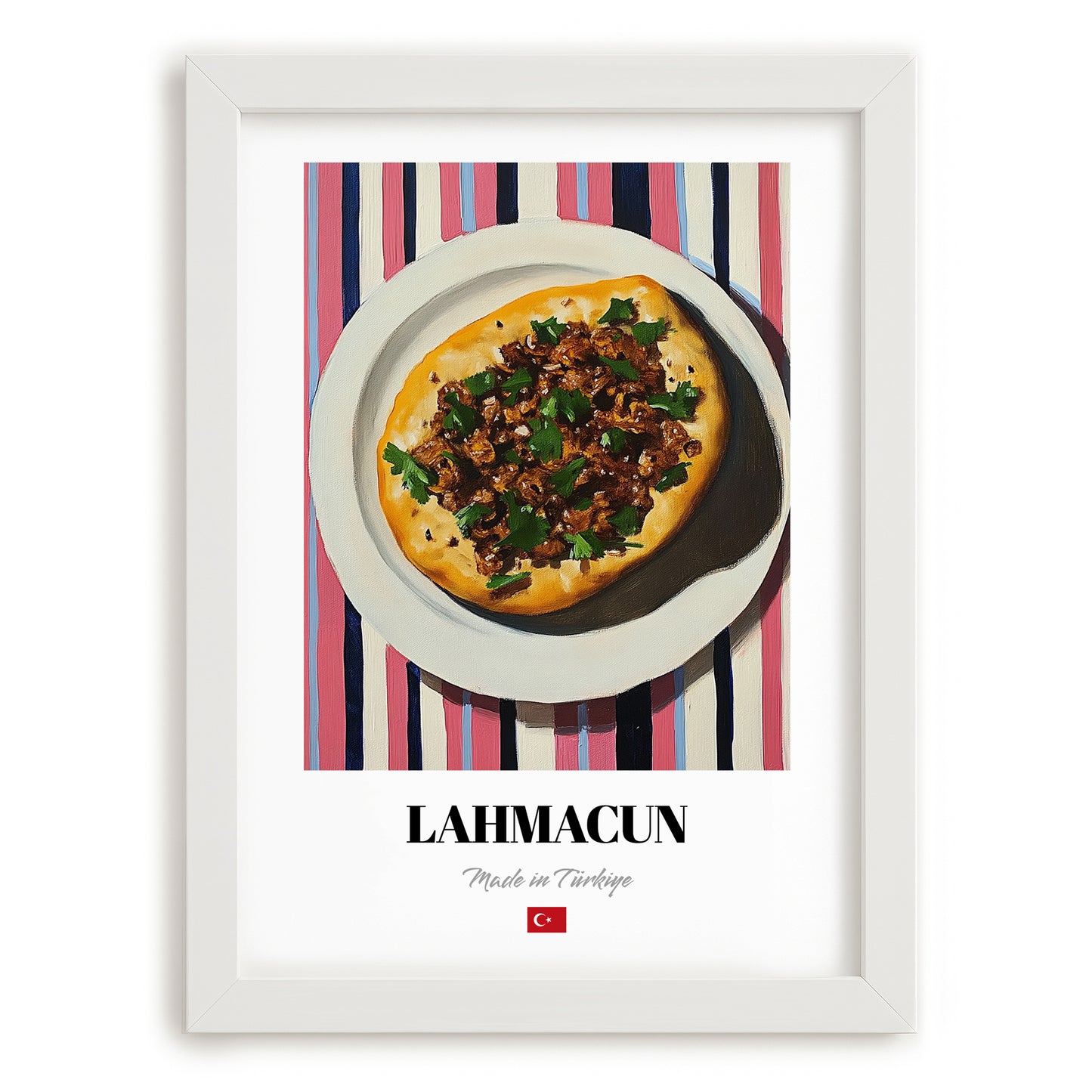 Lahmacun – on Striped Tablecloth, Turkish Food Painting, placed in minimal white frame