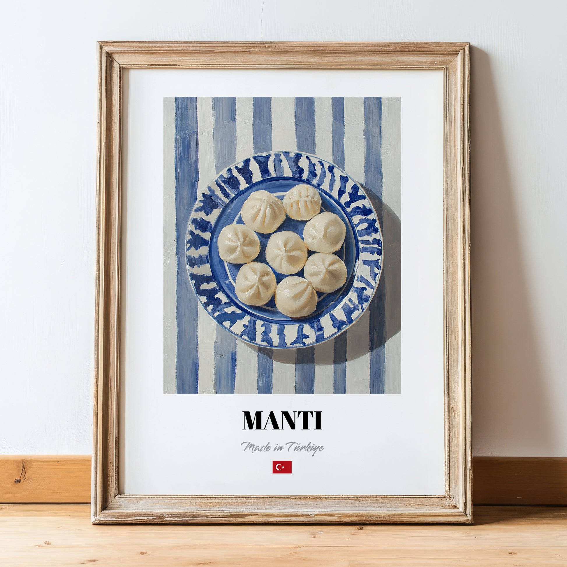 Mantı – on Striped Tablecloth, Turkish Pasta Painting, in wooden frame leaning on the floor