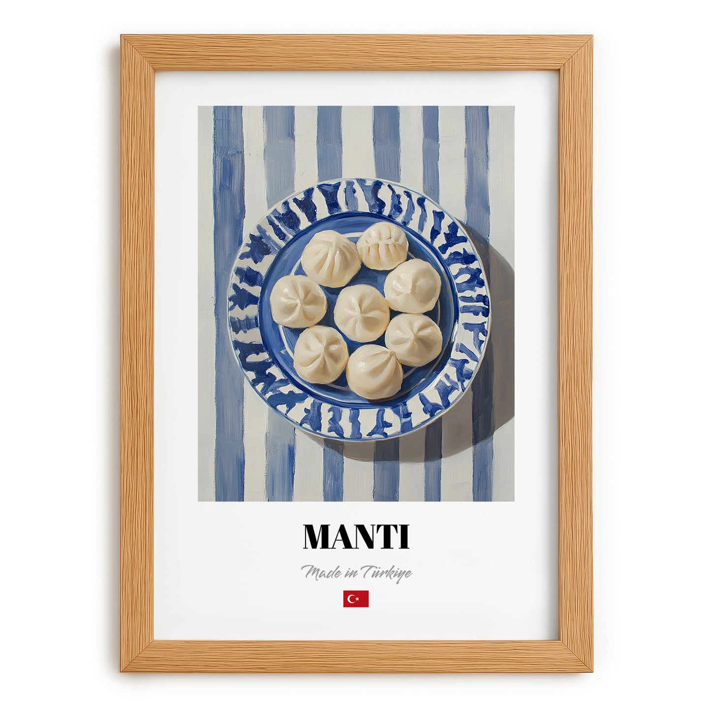 Mantı – on Striped Tablecloth, Turkish Pasta Painting, set in oak frame