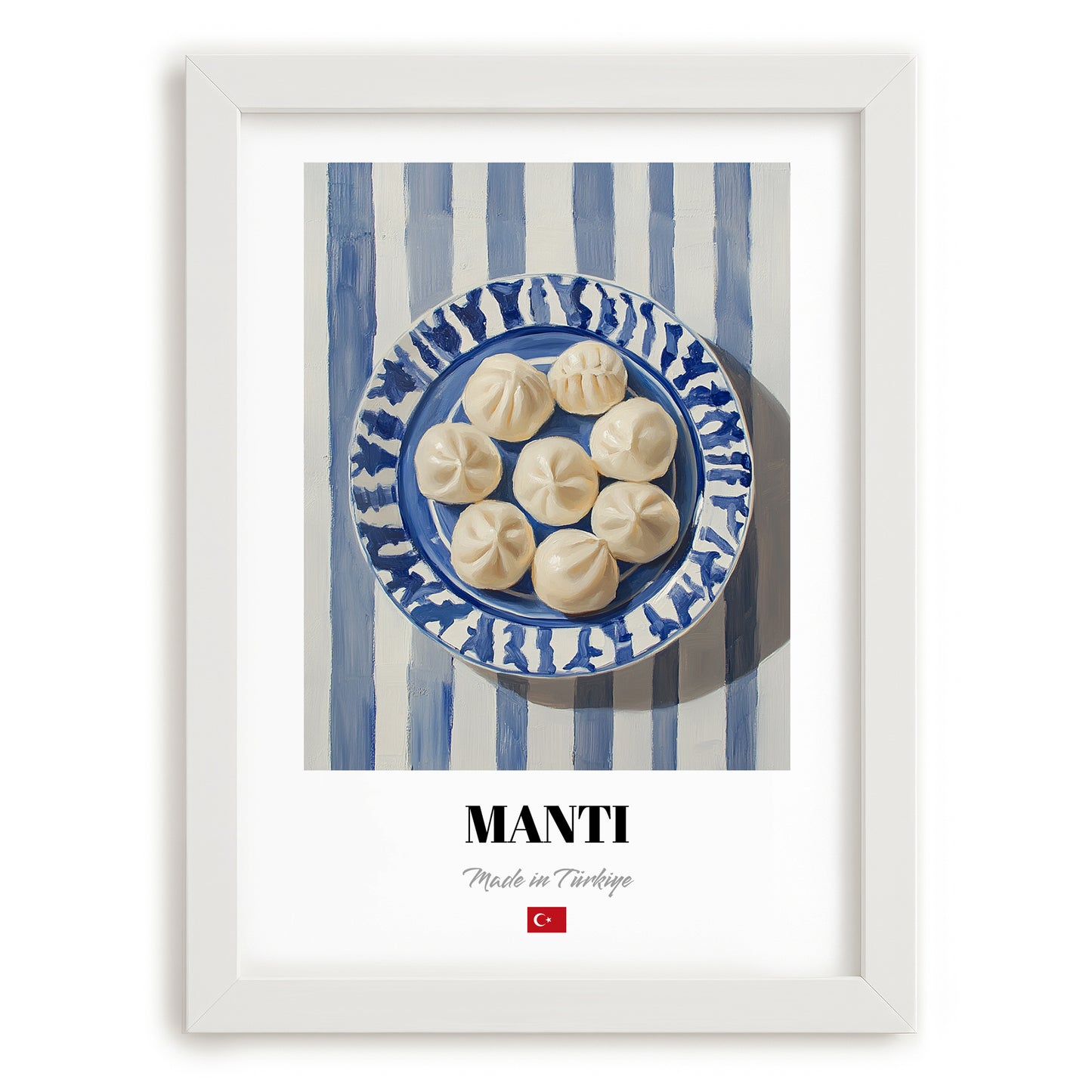 Mantı – on Striped Tablecloth, Turkish Pasta Painting, placed in minimal white frame