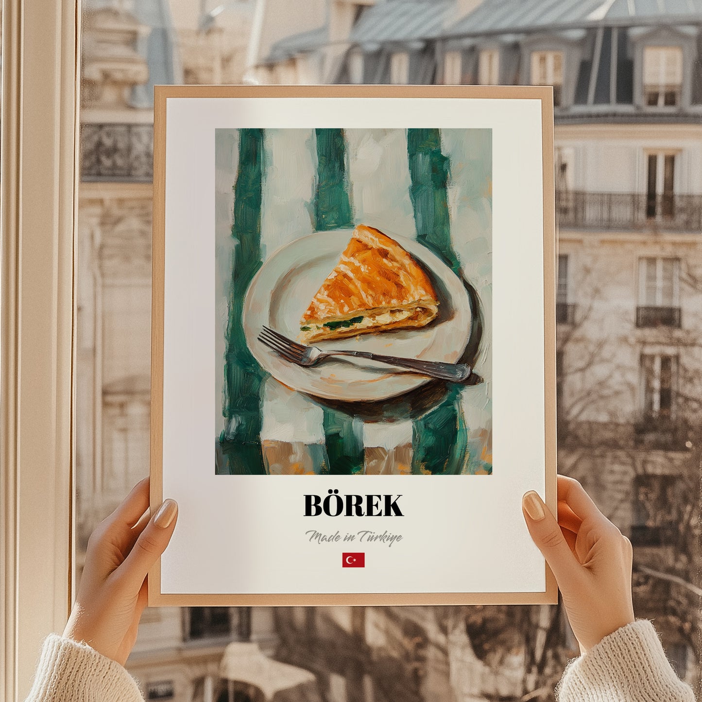 Börek – on Striped Tablecloth, Turkish Pastry Wall Poster, styled in a charming Paris street view