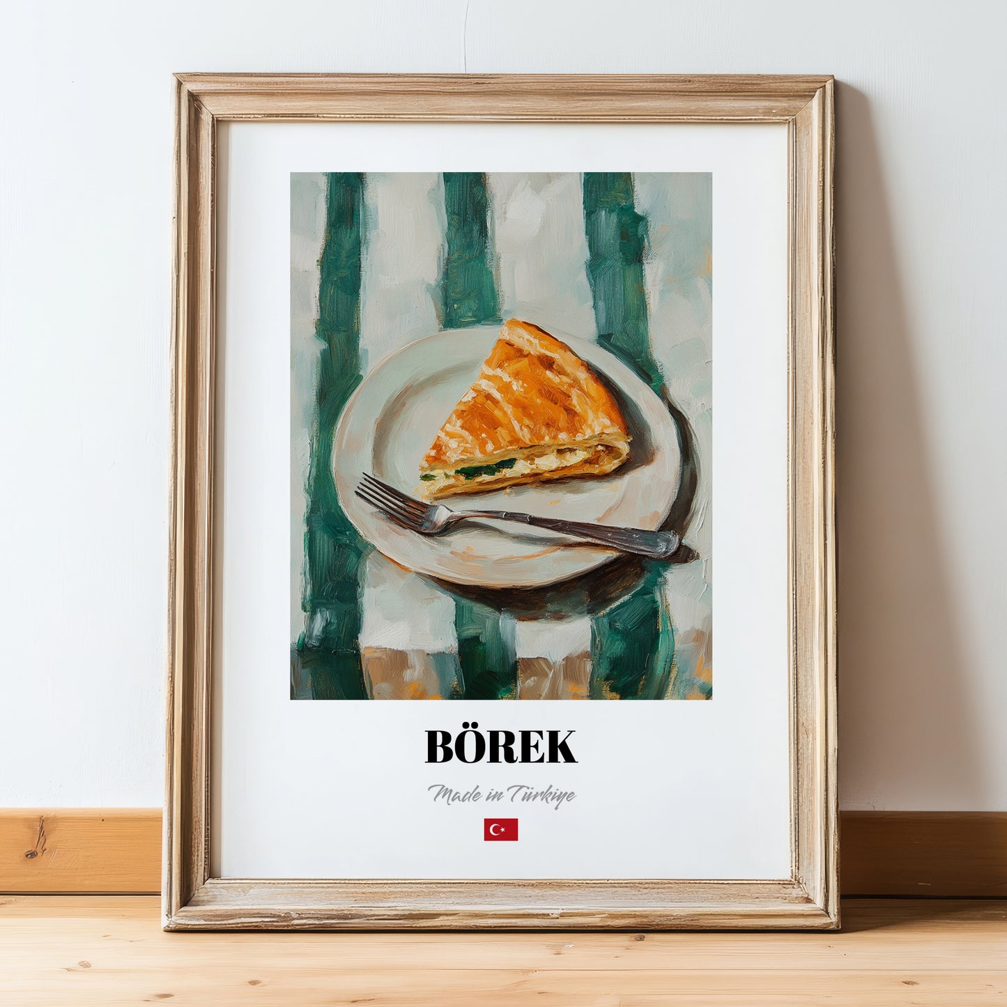 Börek – on Striped Tablecloth, Turkish Pastry Wall Poster, in wooden frame leaning on the floor