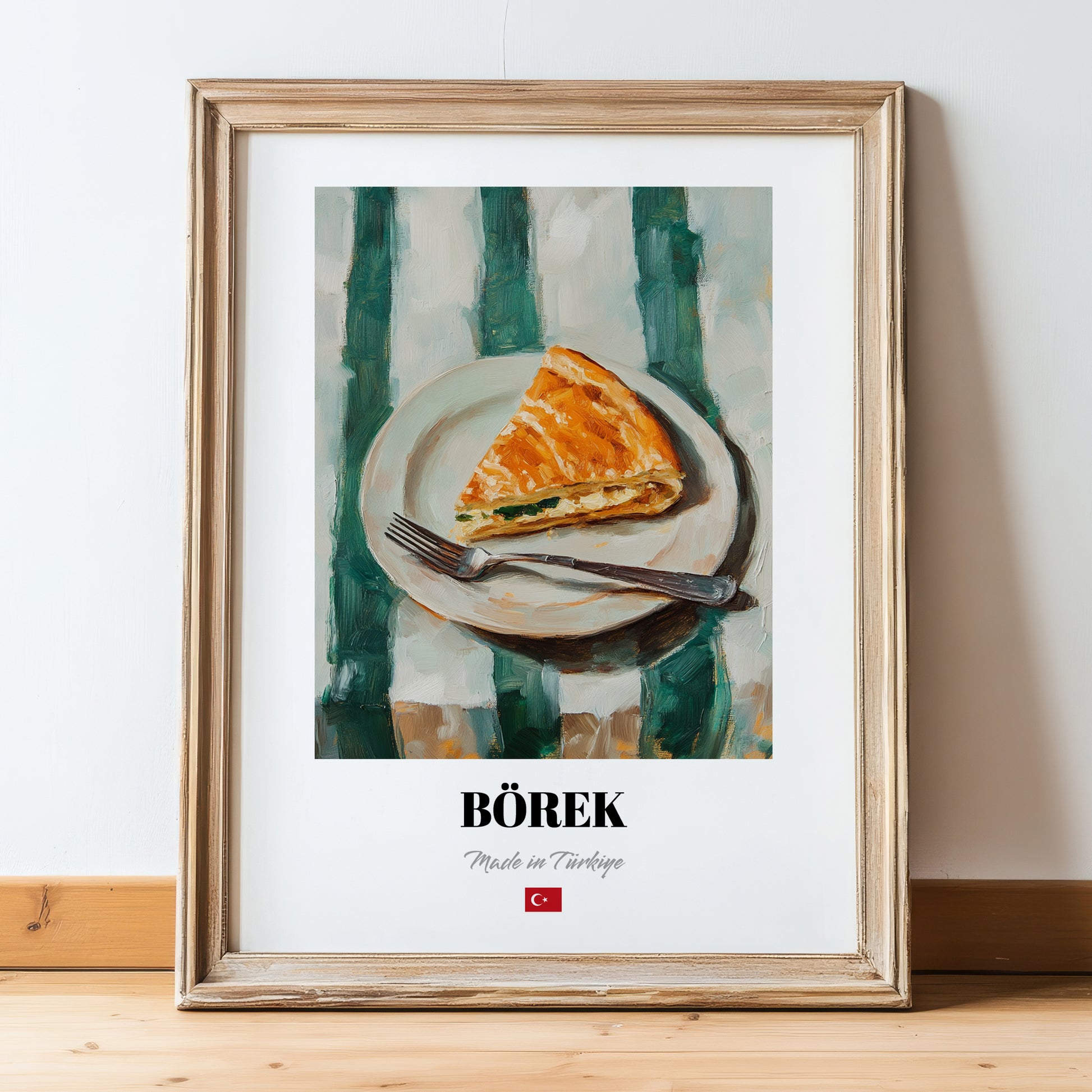 Börek – on Striped Tablecloth, Turkish Pastry Wall Poster, in wooden frame leaning on the floor