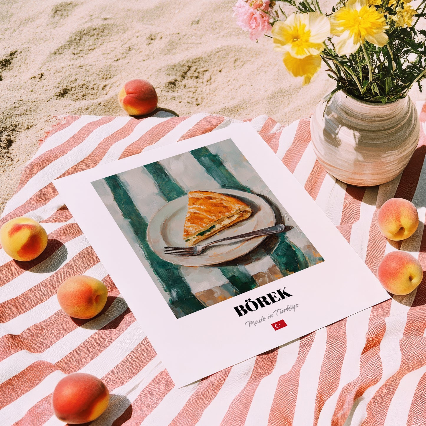 Börek – on Striped Tablecloth, Turkish Pastry Wall Poster, unframed on coastal sand