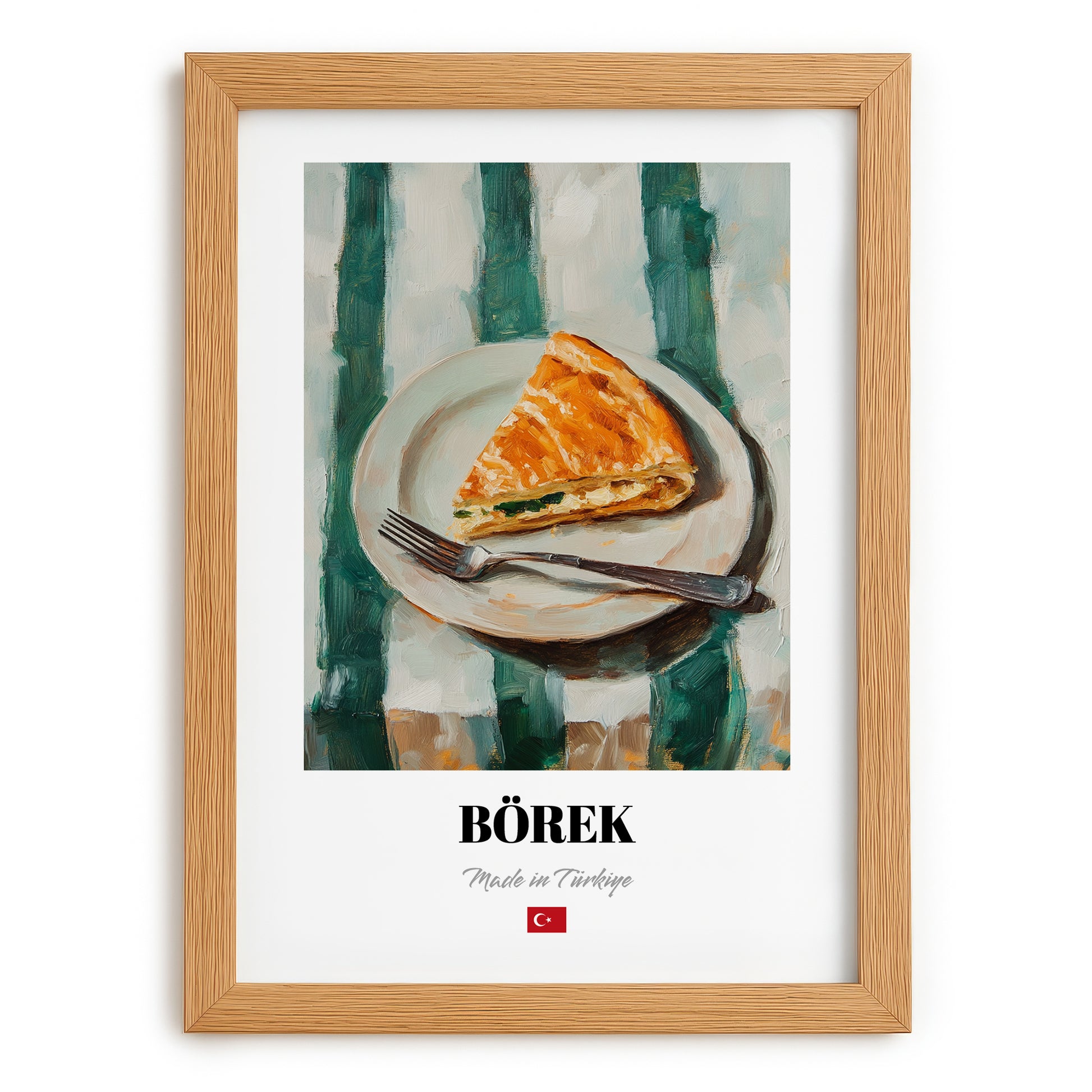 Börek – on Striped Tablecloth, Turkish Pastry Wall Poster, set in oak frame