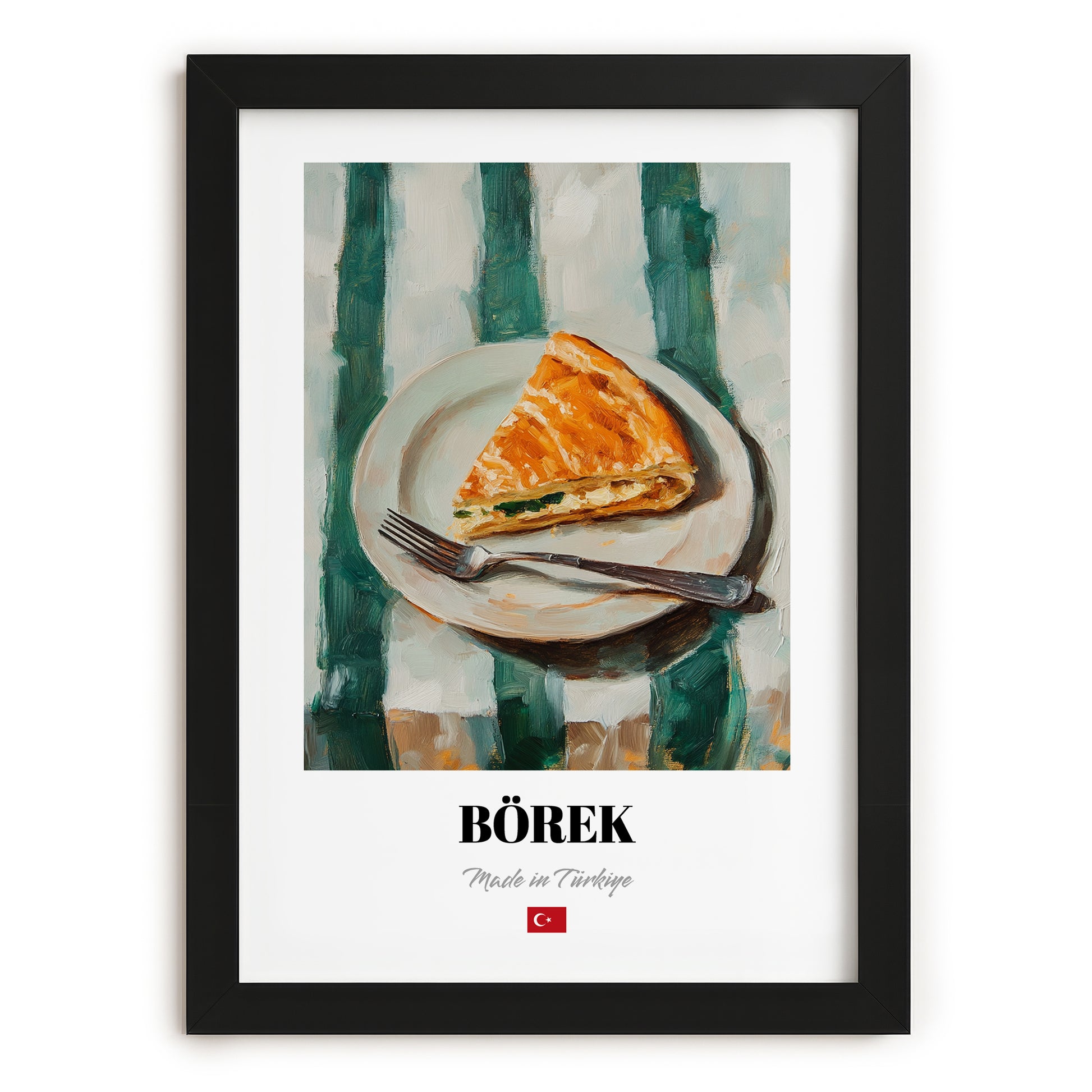 Börek – on Striped Tablecloth, Turkish Pastry Wall Poster, in sleek black frame