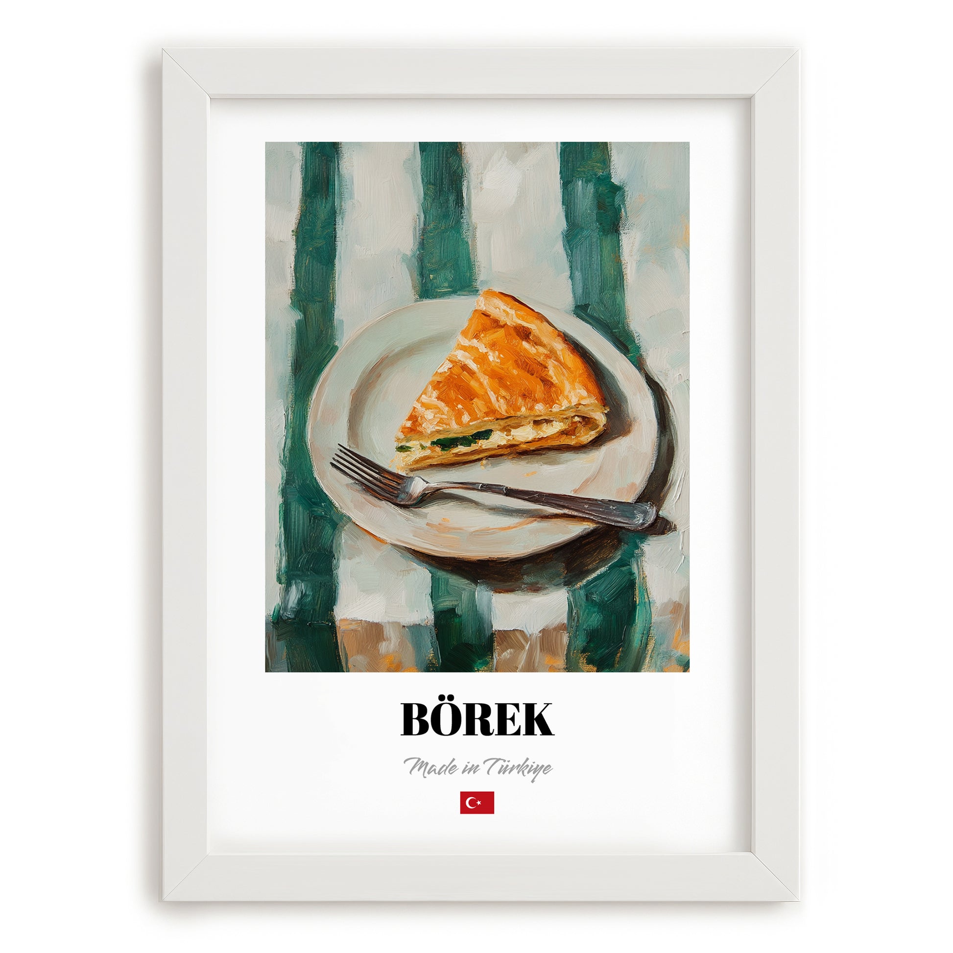 Börek – on Striped Tablecloth, Turkish Pastry Wall Poster, placed in minimal white frame