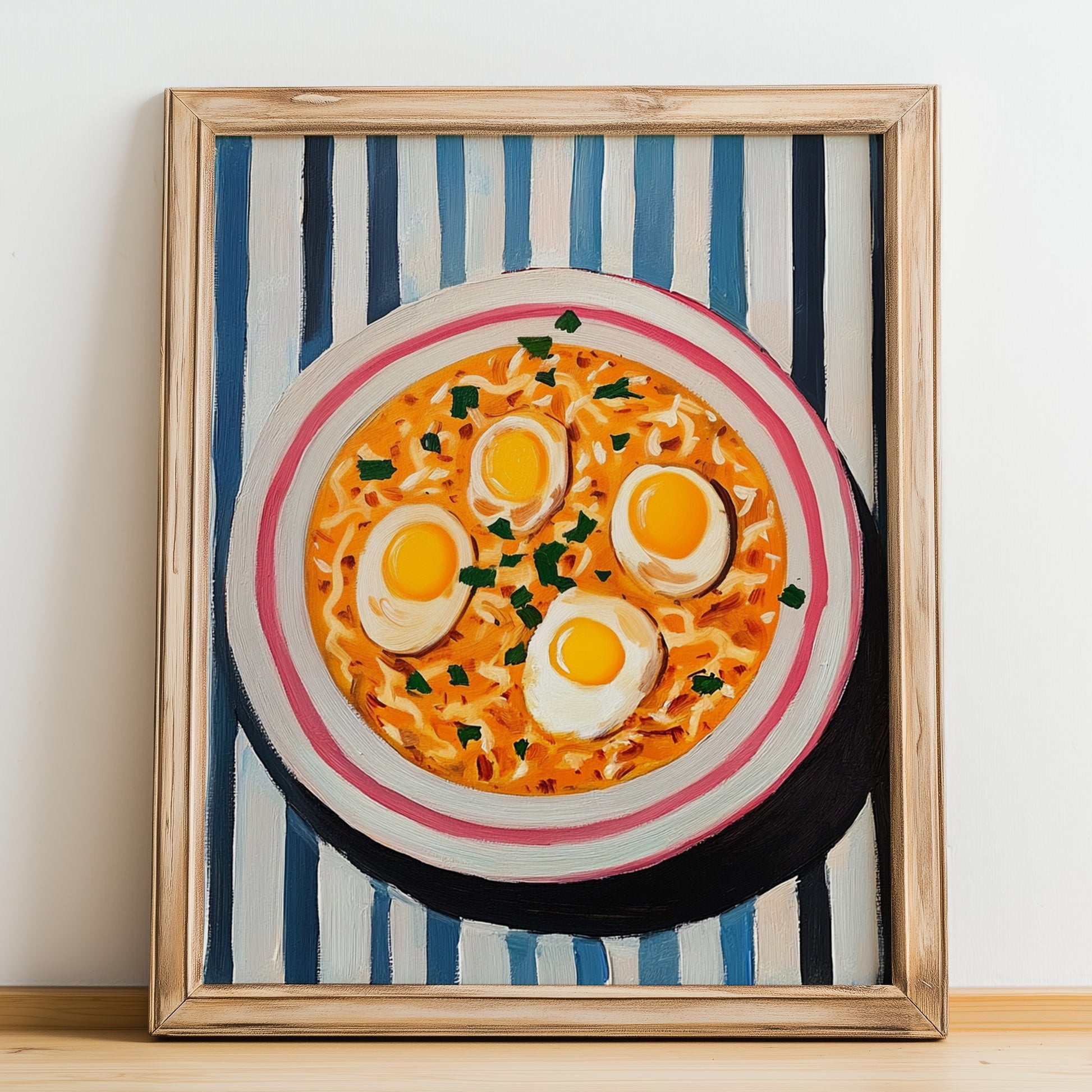 Menemen – on Striped Tablecloth, Turkish Food Wall Decor, no-text version framed in wood