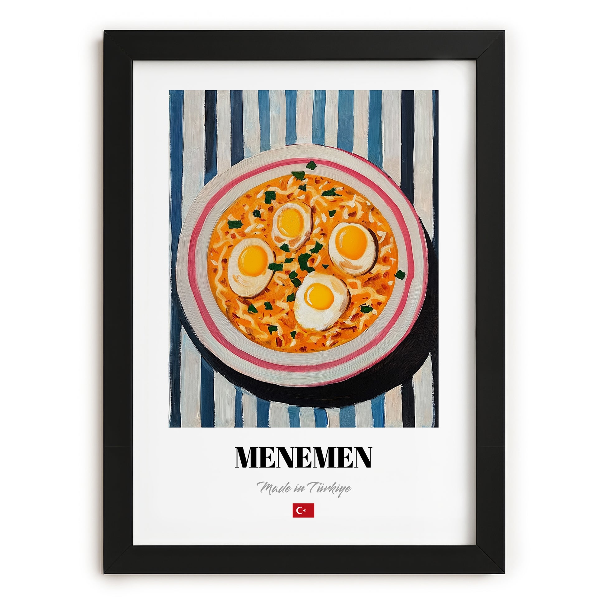 Menemen – on Striped Tablecloth, Turkish Food Wall Decor, in sleek black frame