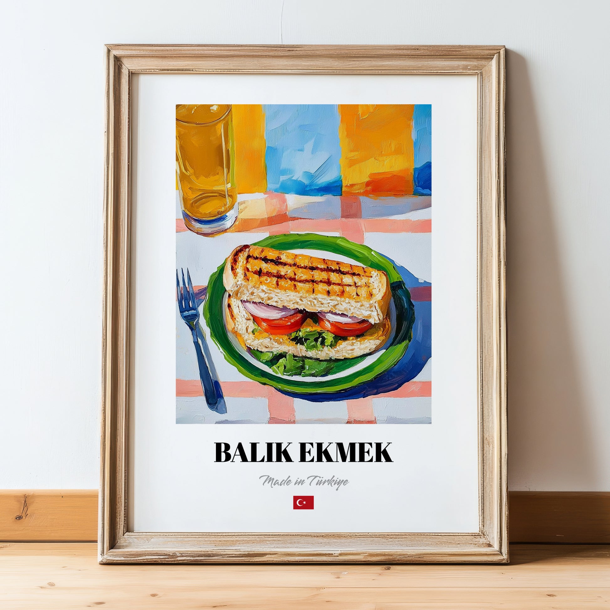 Balık Ekmek – Oil Painting, Turkish Food Illustration, in wooden frame leaning on the floor