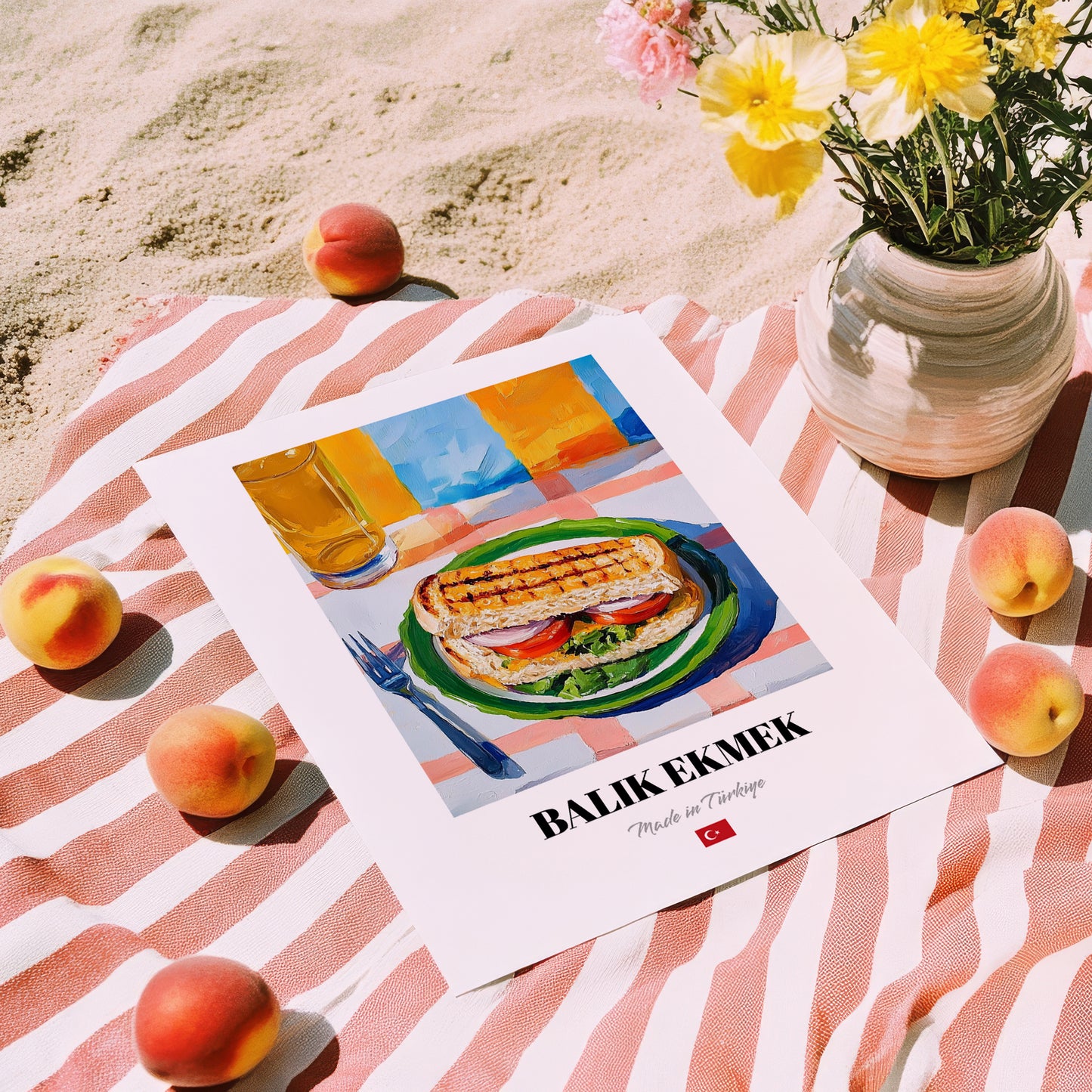 Balık Ekmek – Oil Painting, Turkish Food Illustration, unframed on coastal sand