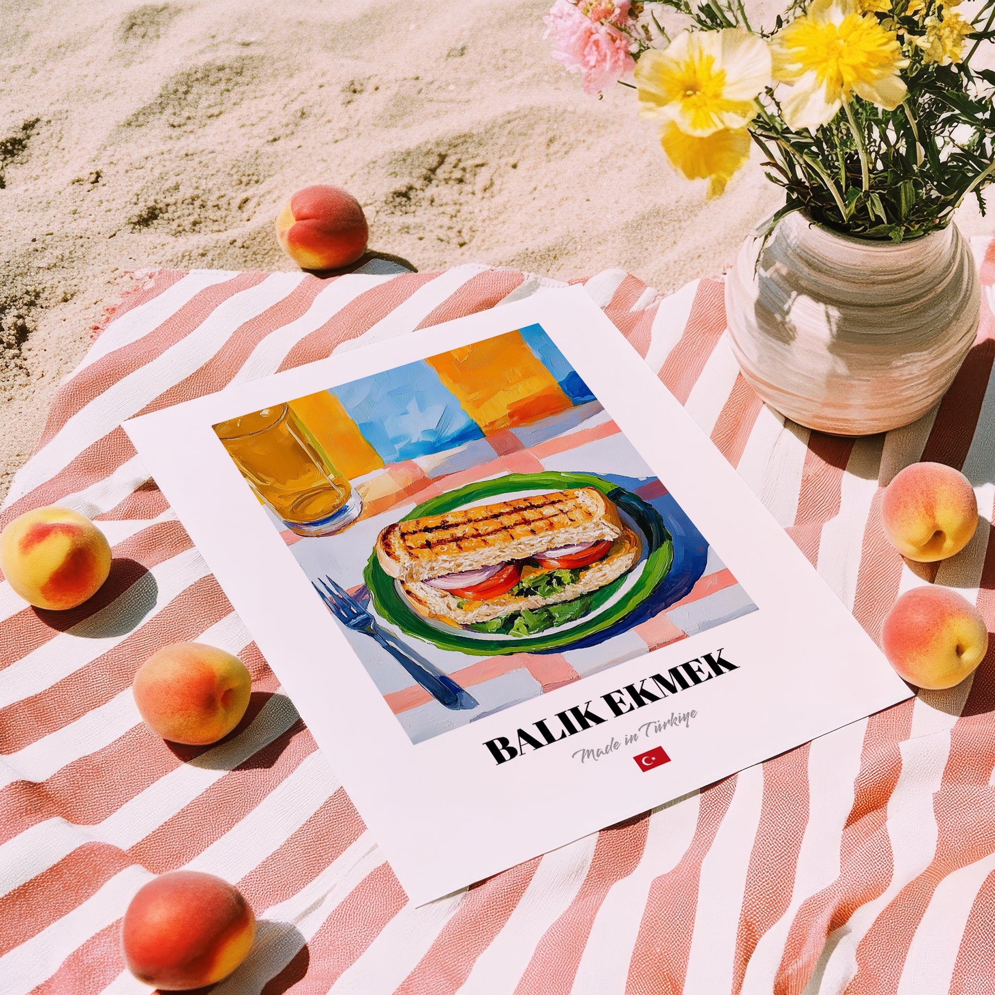 Balık Ekmek – Oil Painting, Turkish Food Illustration, unframed on coastal sand