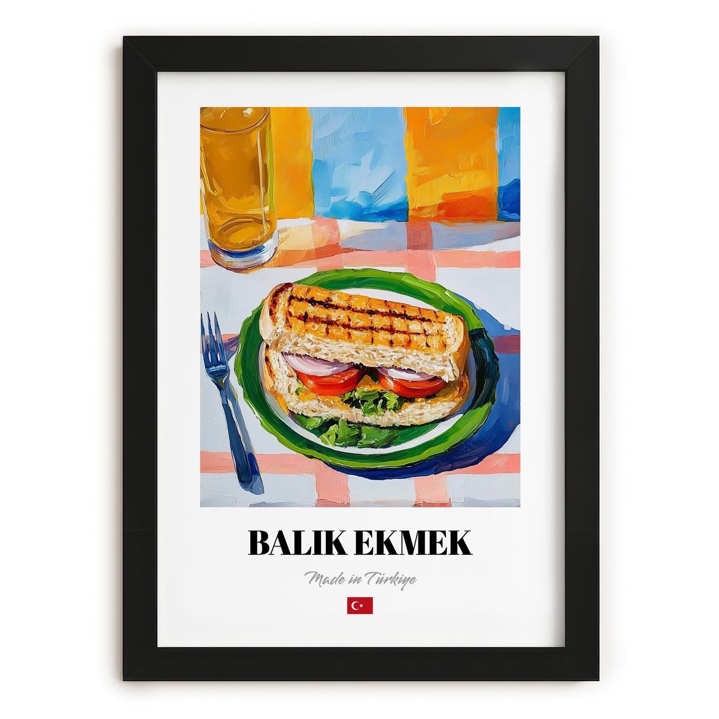 Balık Ekmek – Oil Painting, Turkish Food Illustration, in sleek black frame