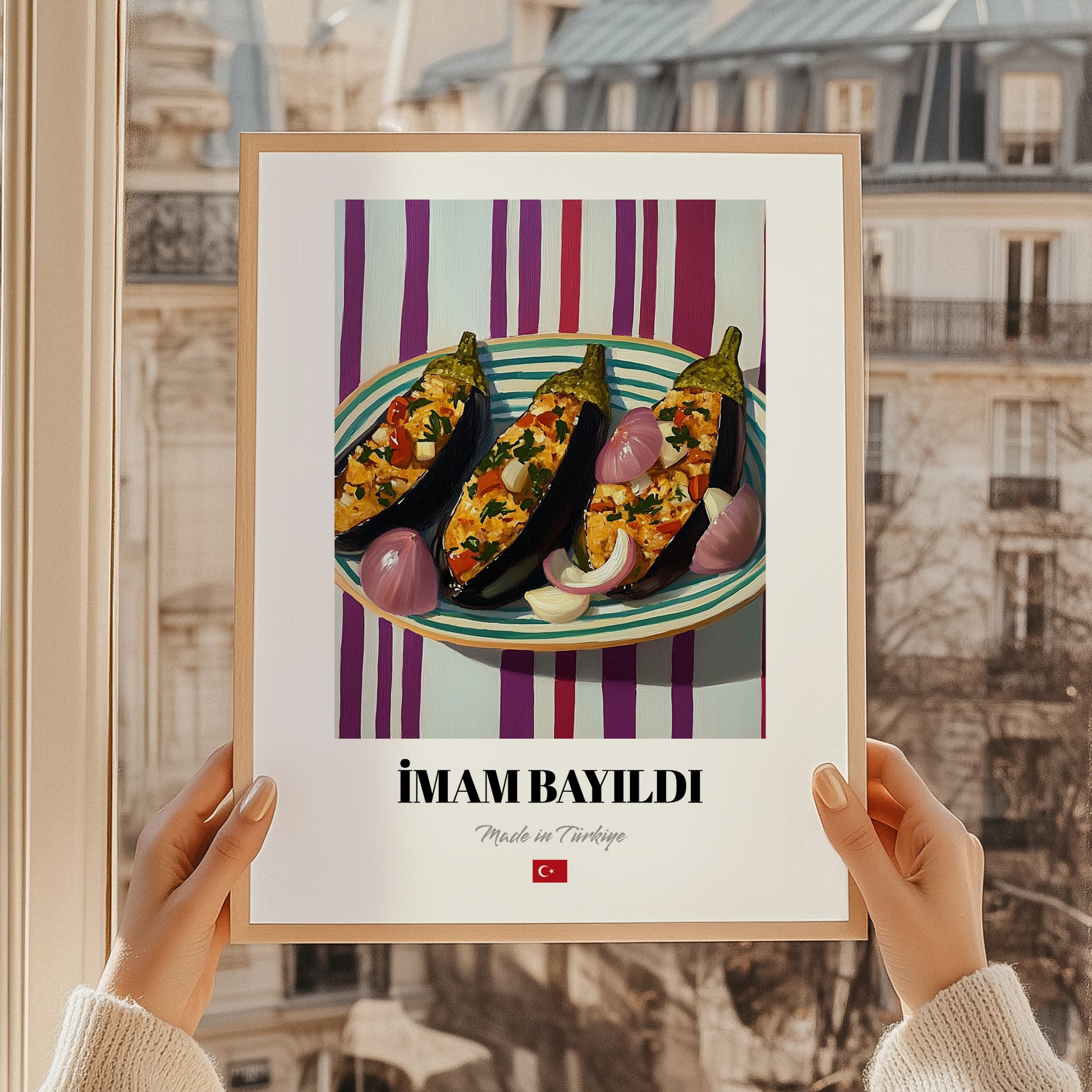 İmam Bayıldı – on Striped Tablecloth, Turkish Food Illustration, styled in a charming Paris street view