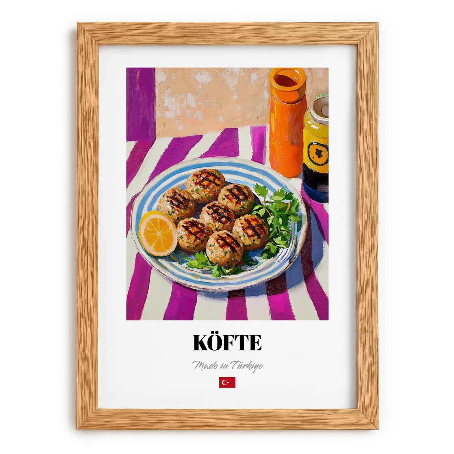 Köfte – Colorful Oil Painting, Turkish Food Painting, set in oak frame