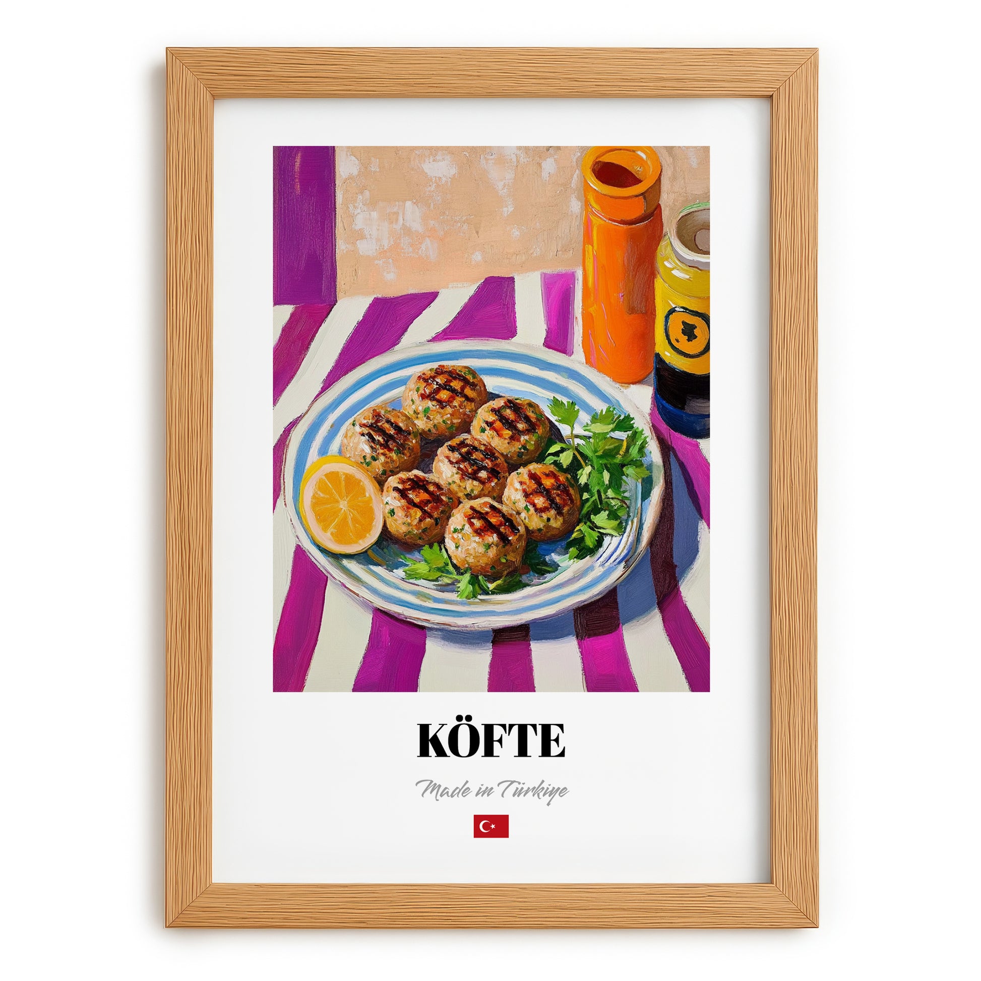 Köfte – Colorful Oil Painting, Turkish Food Painting, set in oak frame