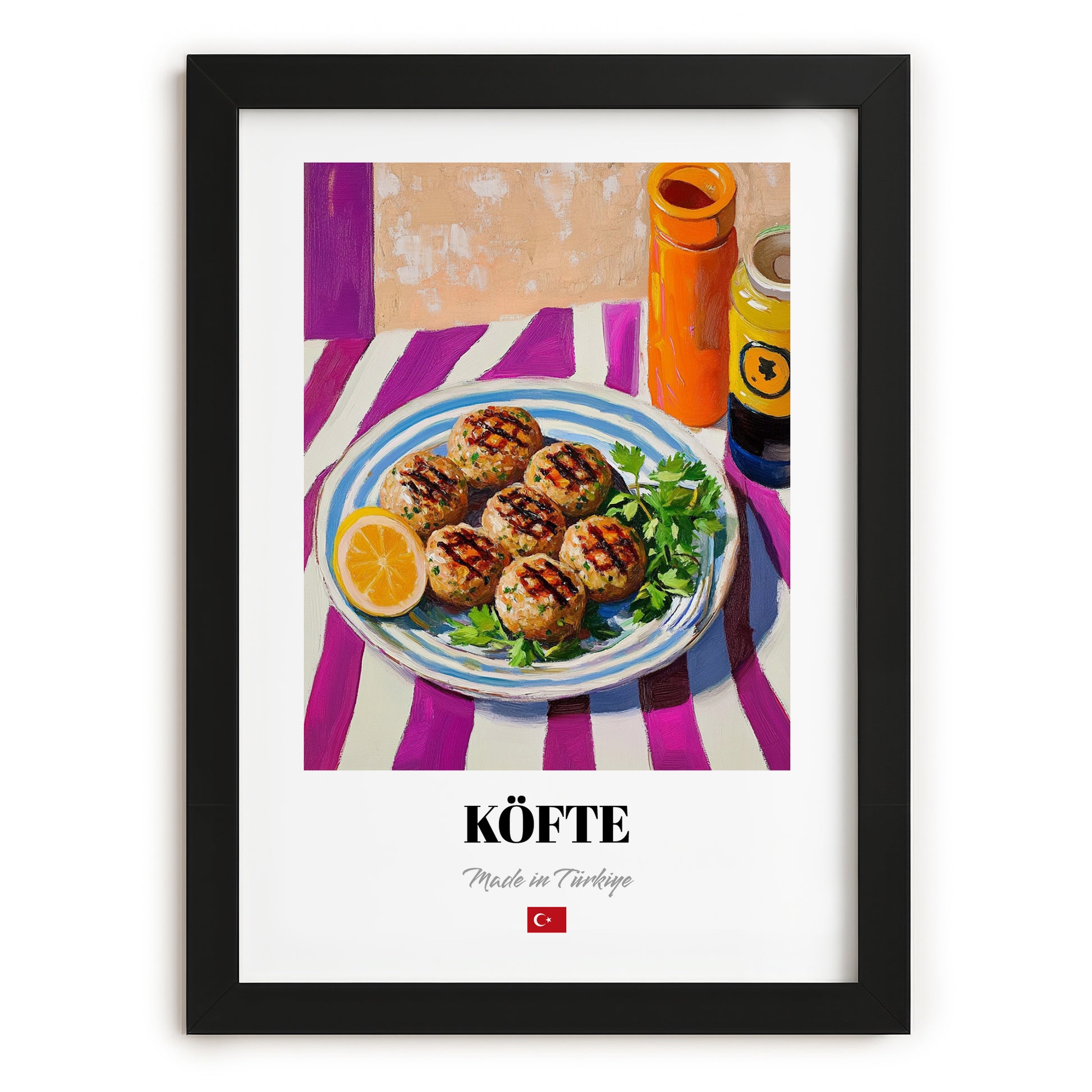 Köfte – Colorful Oil Painting, Turkish Food Painting, in sleek black frame