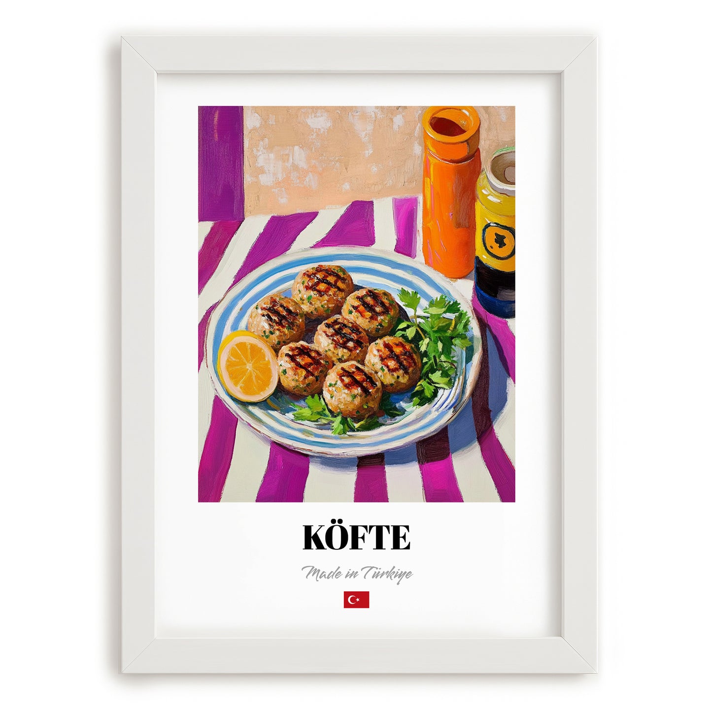 Köfte – Colorful Oil Painting, Turkish Food Painting, placed in minimal white frame