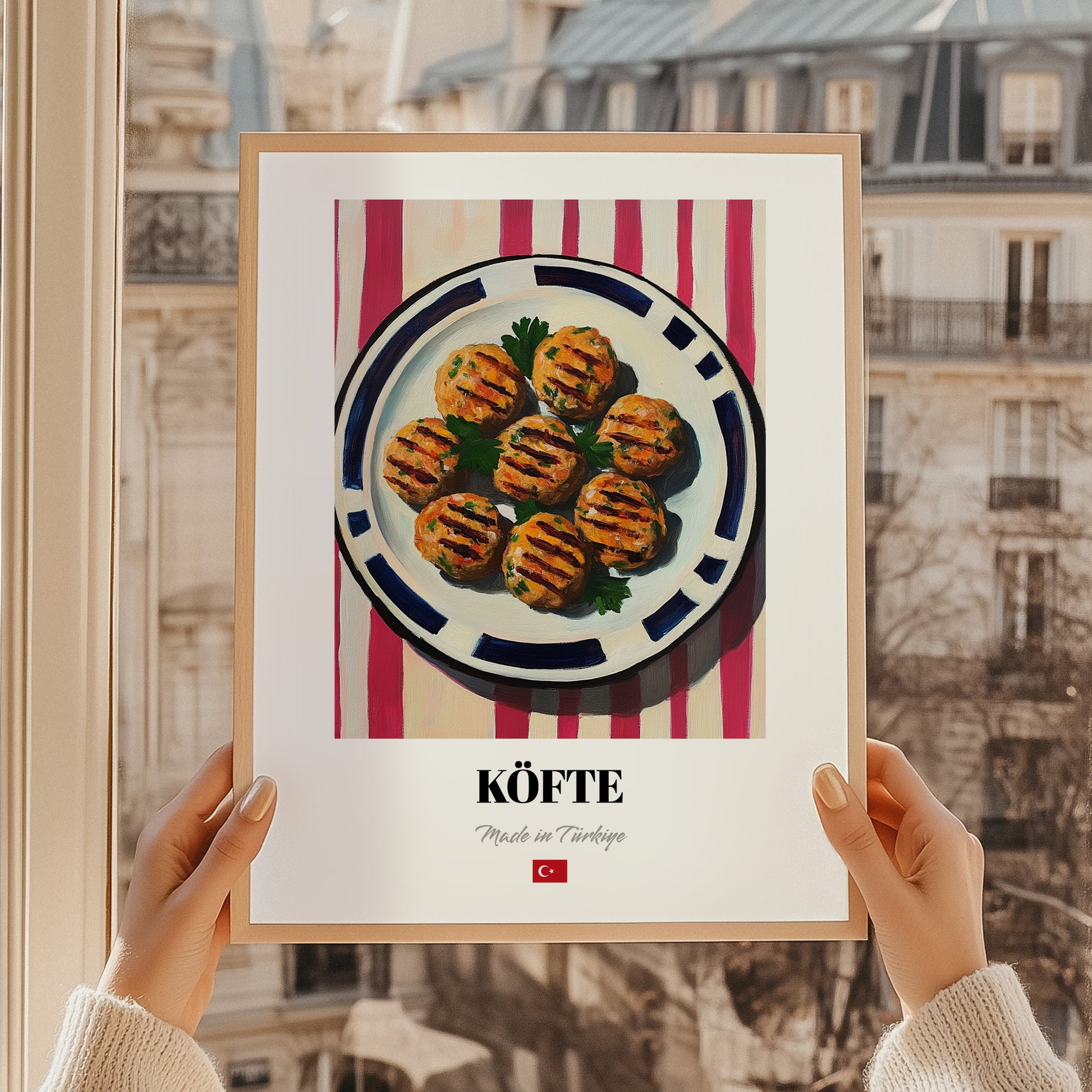 Köfte – on Striped Tablecloth, Turkish Food Wall Painting, styled in a charming Paris street view
